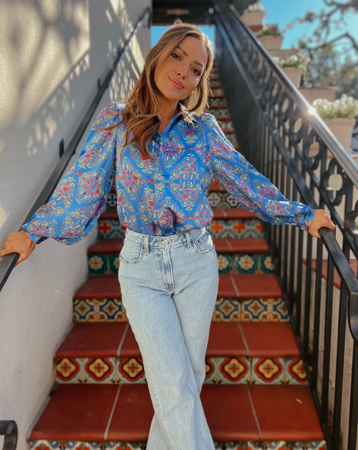 Micah Blue Floral Button Down Top