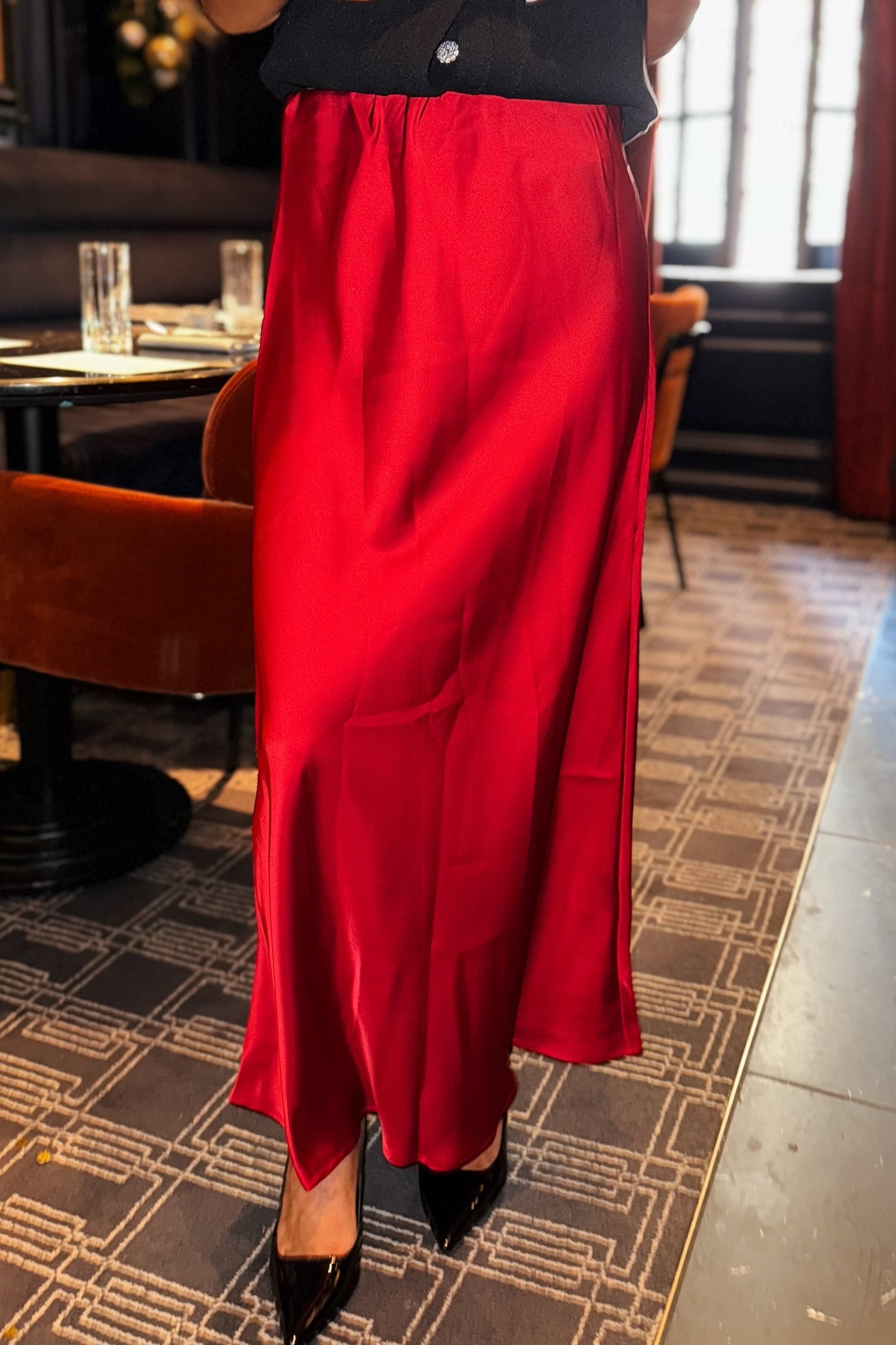 Crimson/Burgundy Satin Maxi Skirt