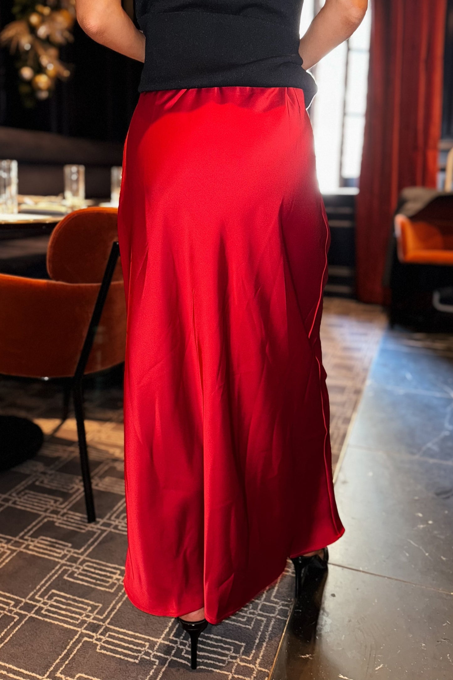 Crimson/Burgundy Satin Maxi Skirt