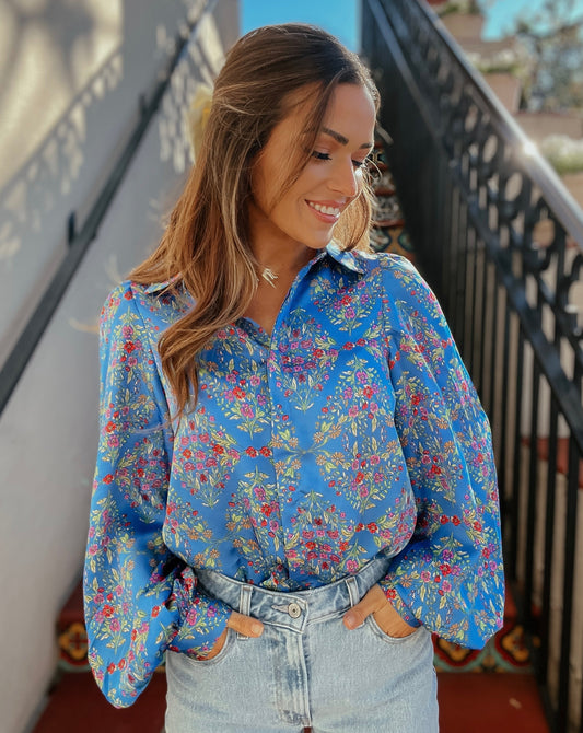 Micah Blue Floral Button Down Top