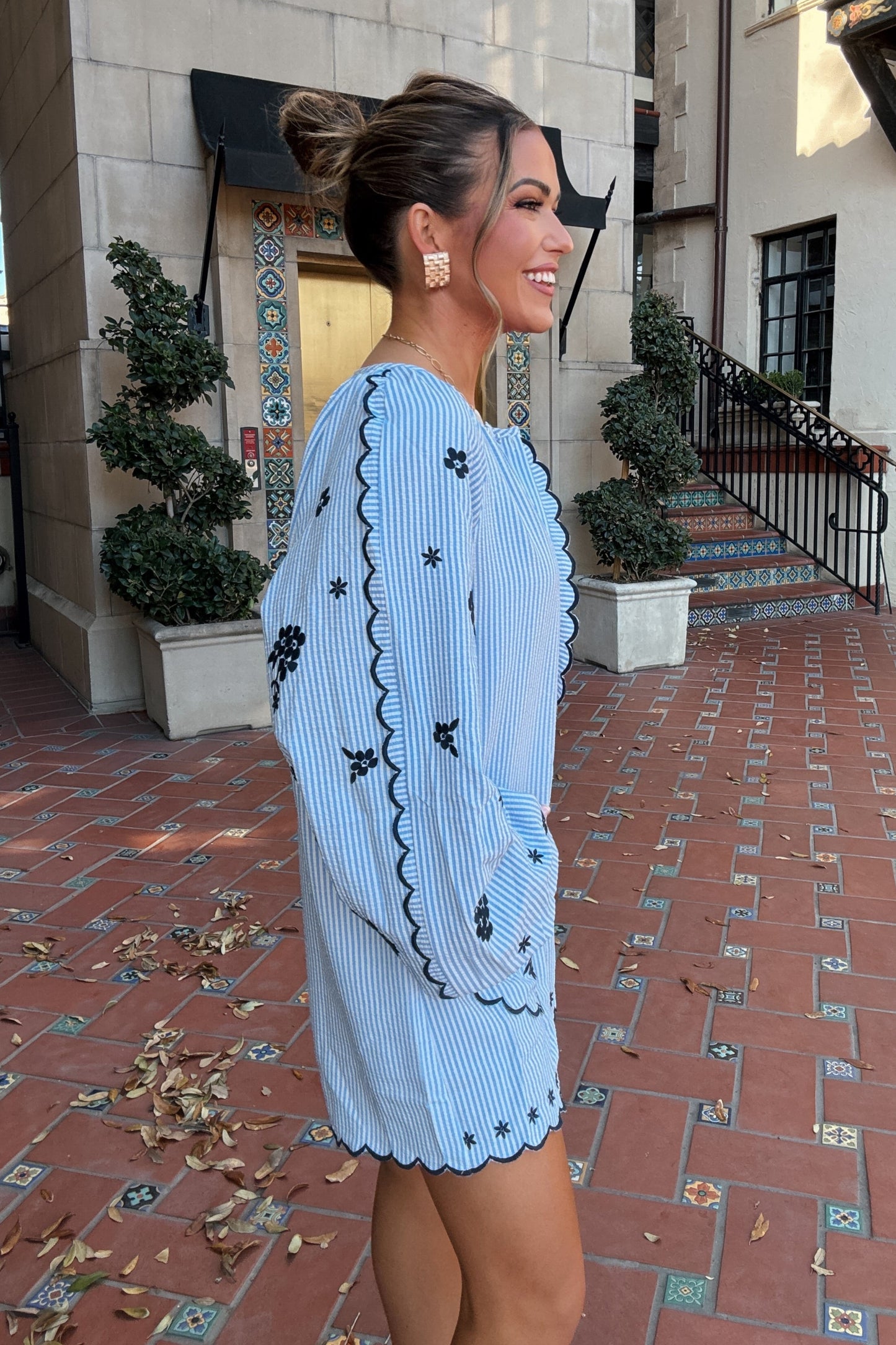 Ronnie Blue Seersucker Heart Embroidered Romper