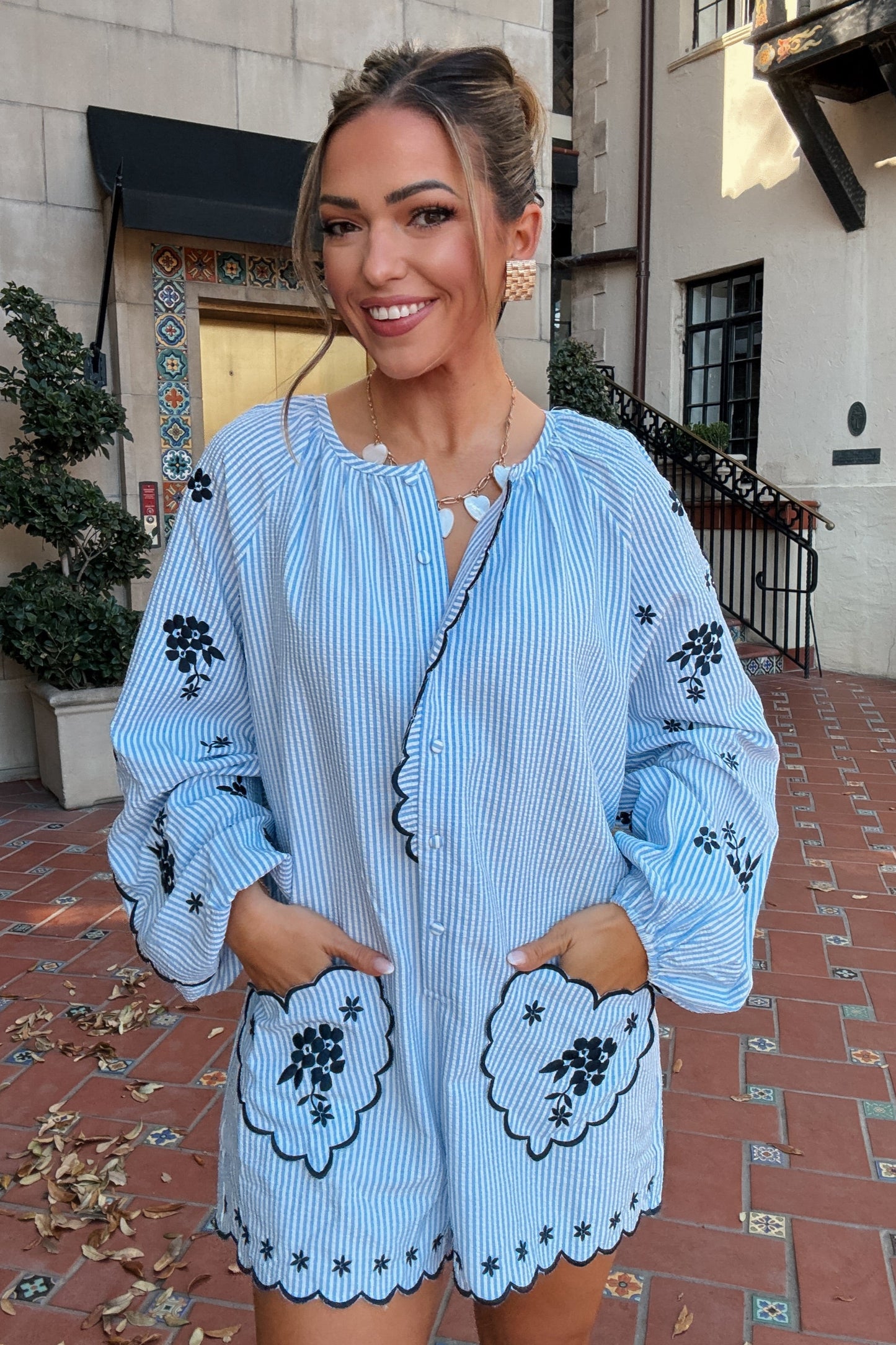 Ronnie Blue Seersucker Heart Embroidered Romper