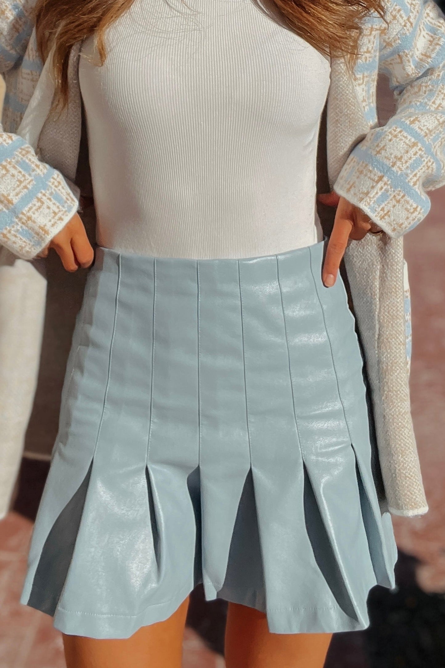 Natalie Baby Blue Leather Pleated Skirt