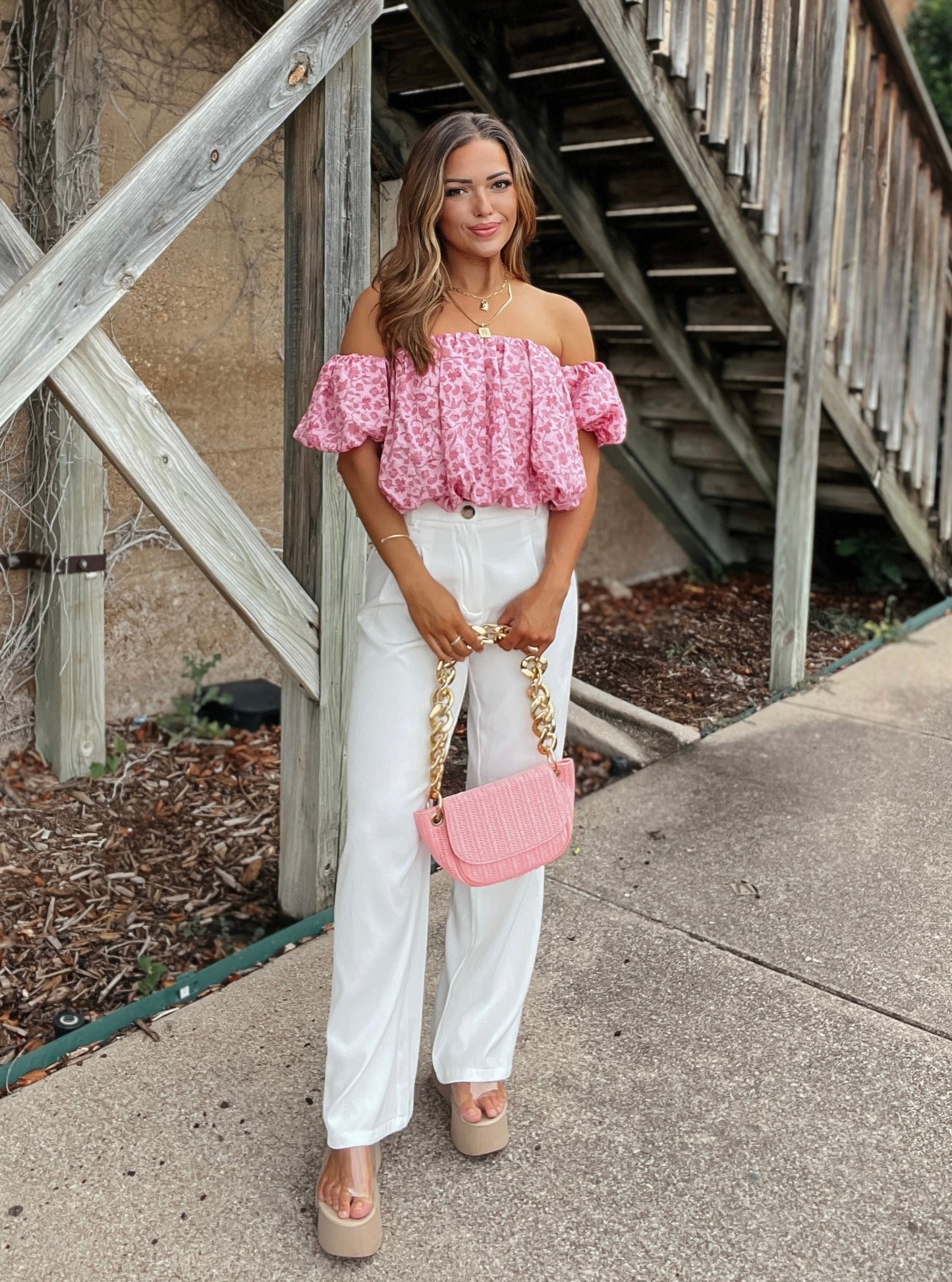 Chloe Pink Floral Bubble Crop Top