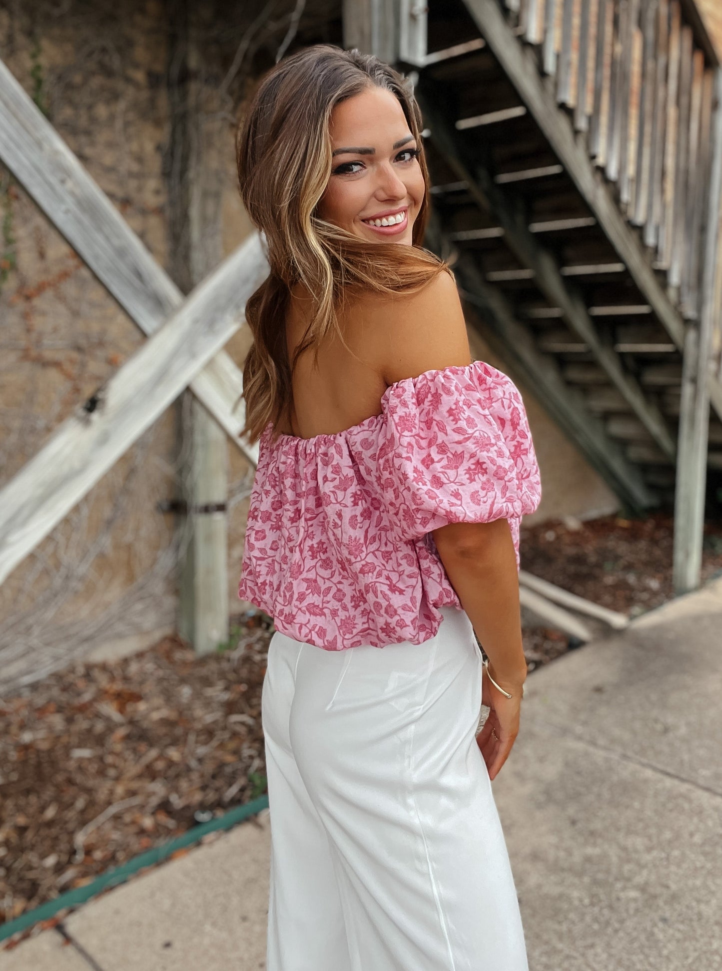 Chloe Pink Floral Bubble Crop Top