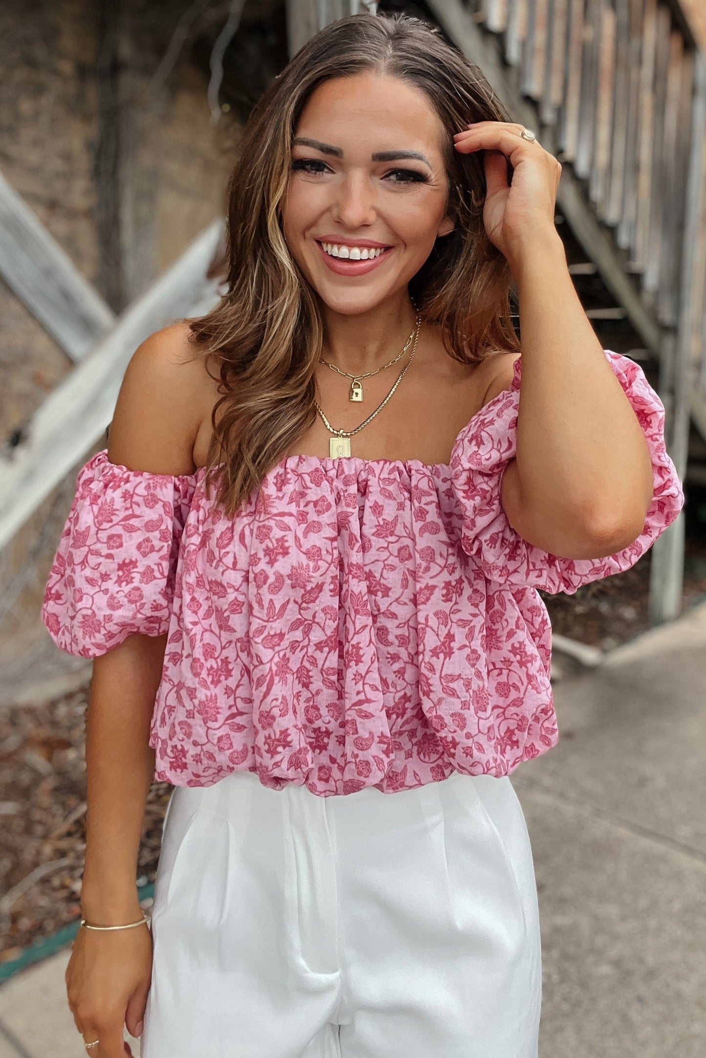 Chloe Pink Floral Bubble Crop Top