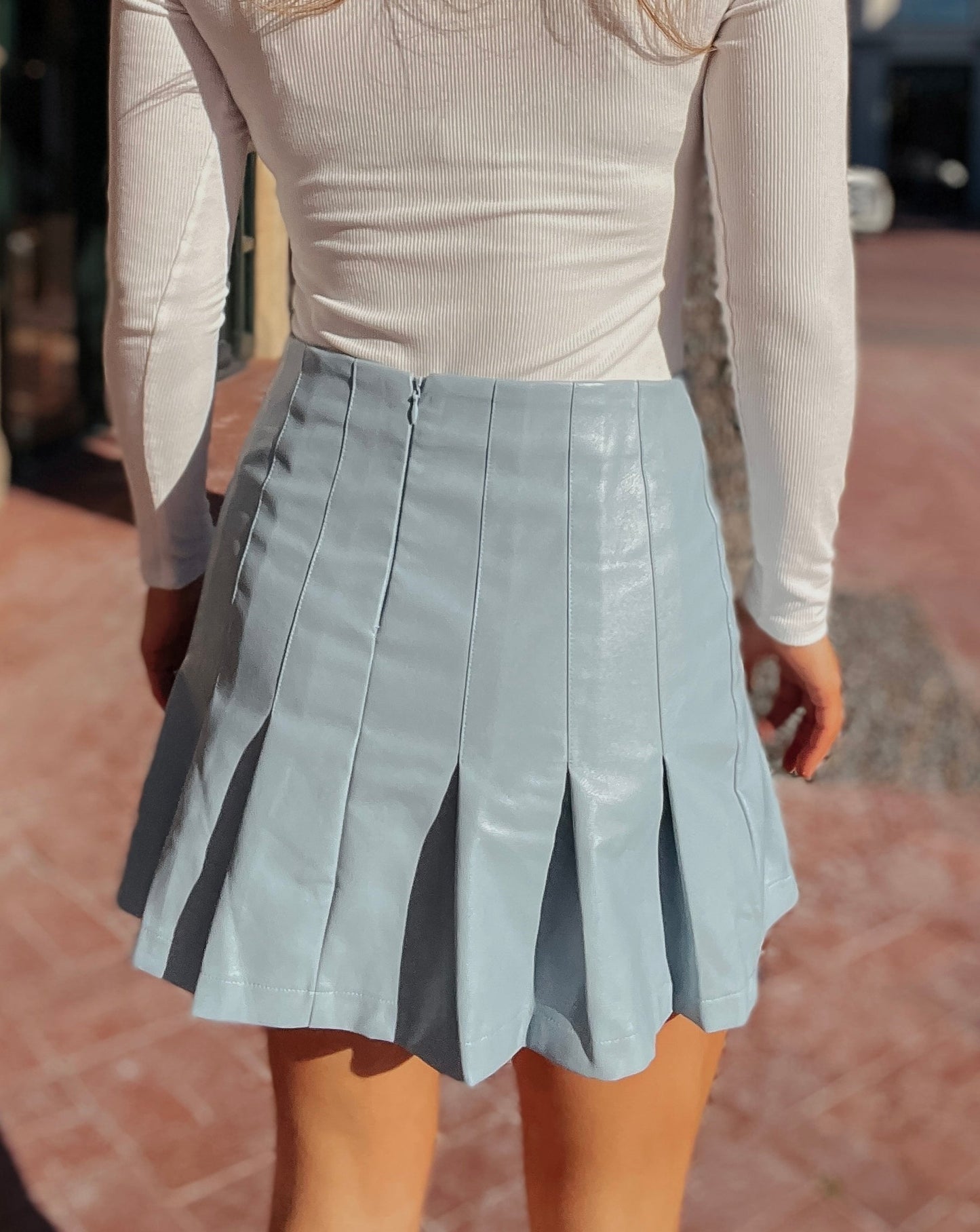 Natalie Baby Blue Leather Pleated Skirt