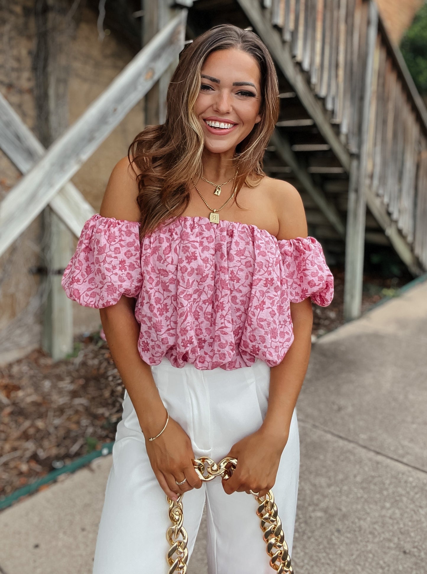 Chloe Pink Floral Bubble Crop Top