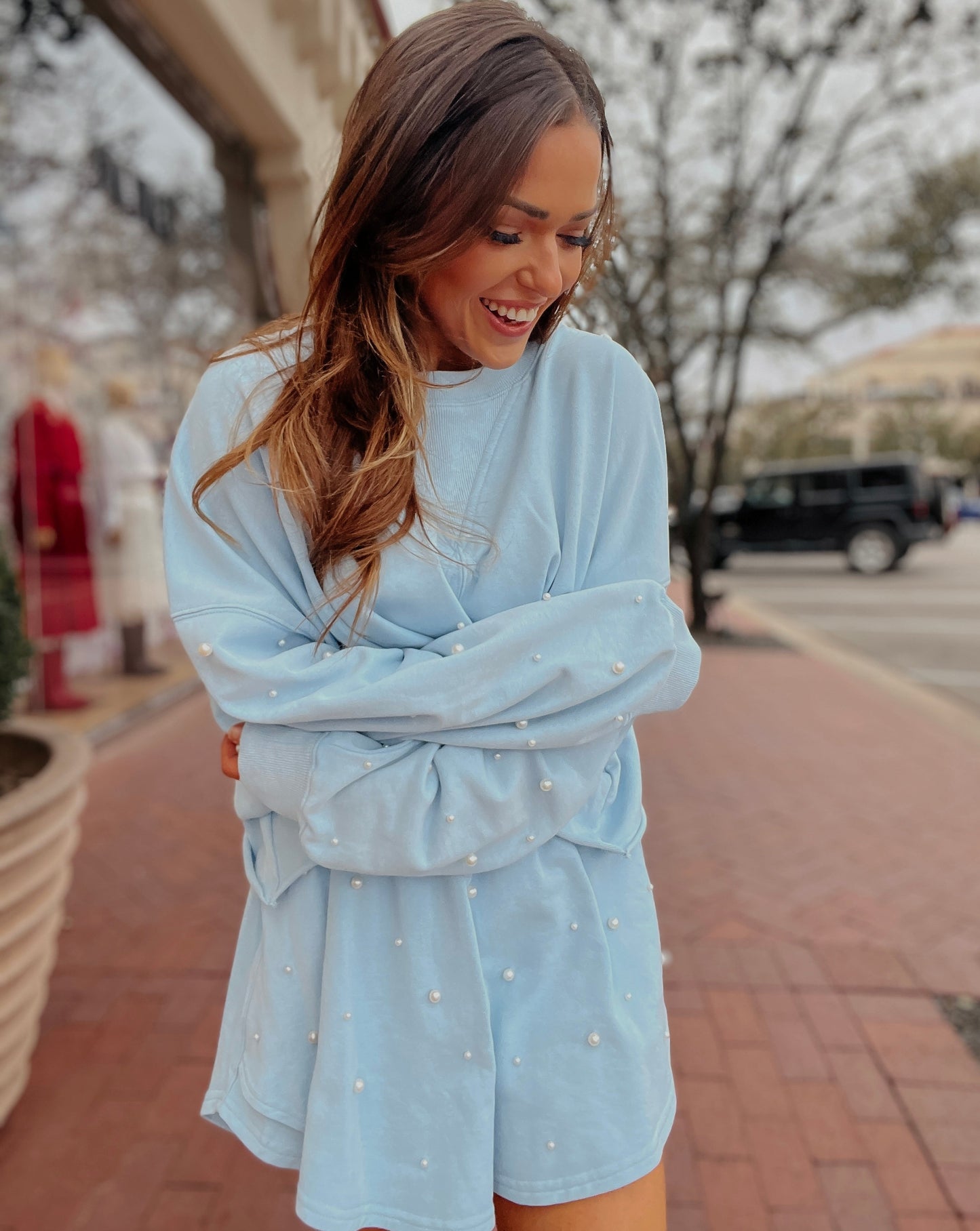 Presley Pearl Studded Crop Sweatshirt | Light Blue