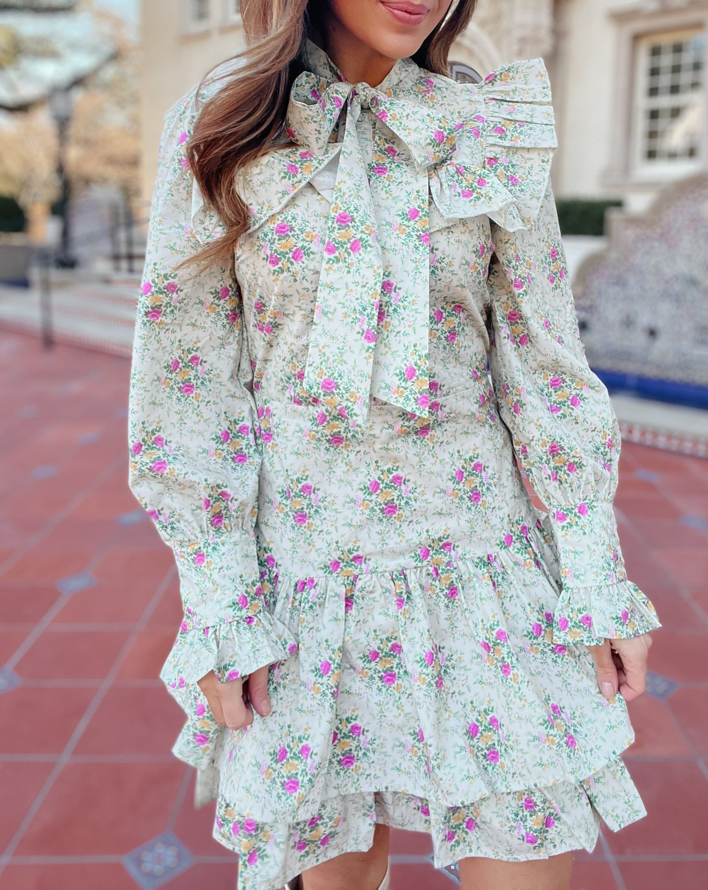 Quinlynn Taupe Floral Ruffle Bow Dress