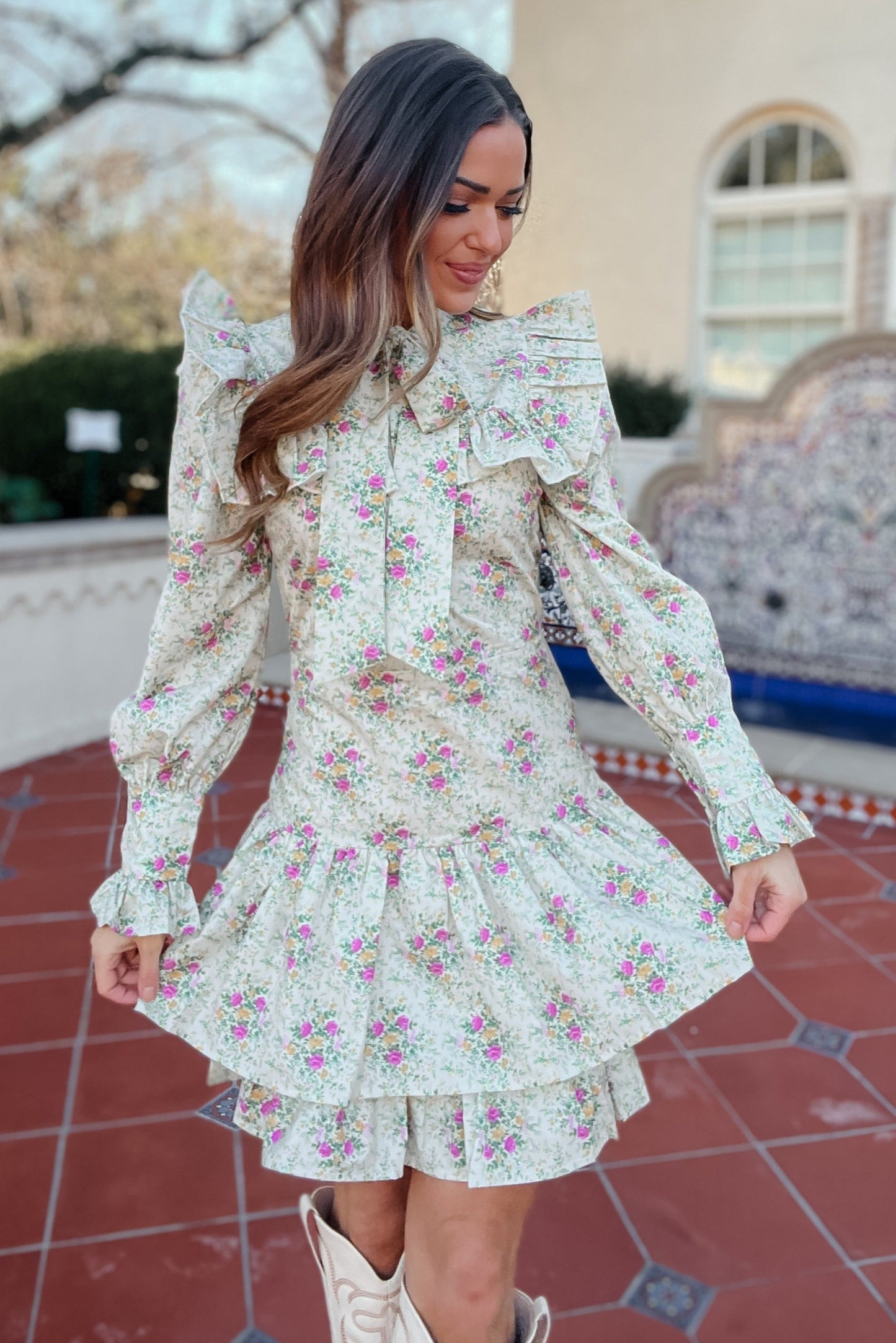 Quinlynn Taupe Floral Ruffle Bow Dress
