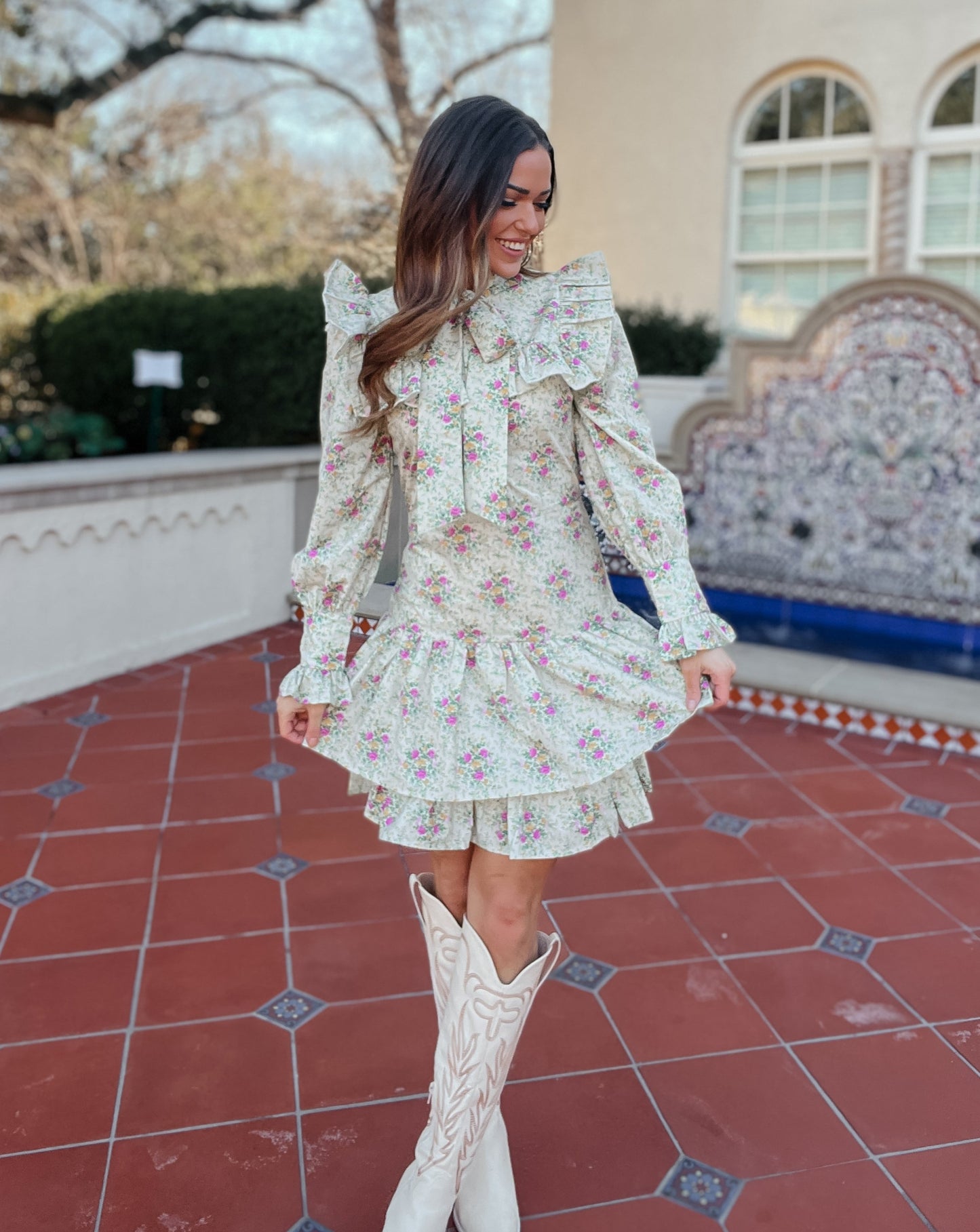 Quinlynn Taupe Floral Ruffle Bow Dress