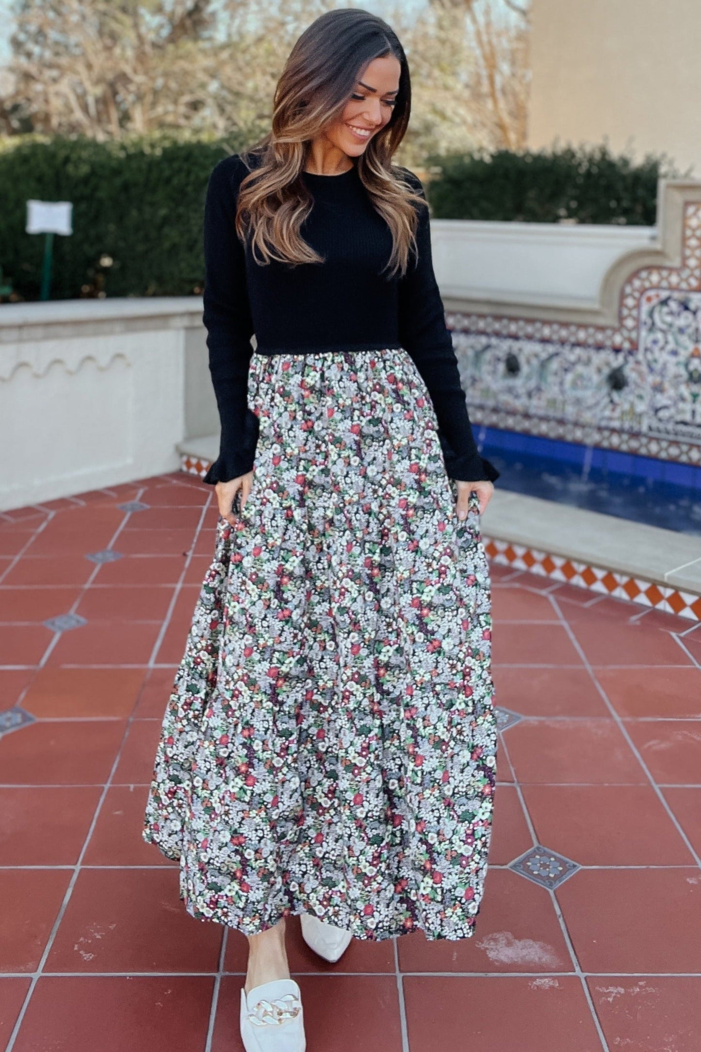 Naomi Black Knit + Floral Midi Dress