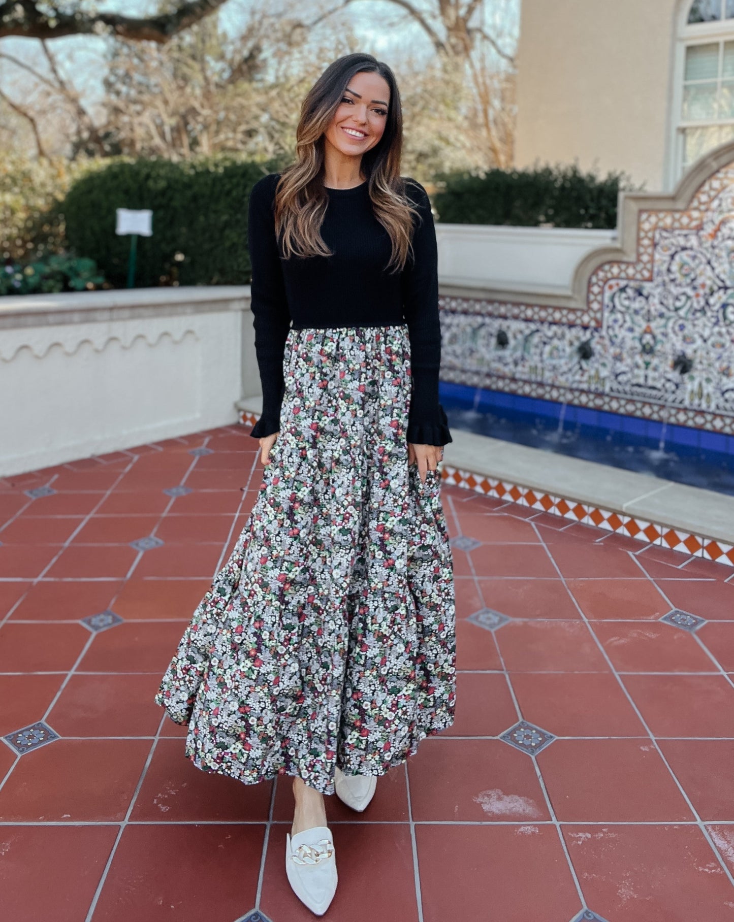 Naomi Black Knit + Floral Midi Dress