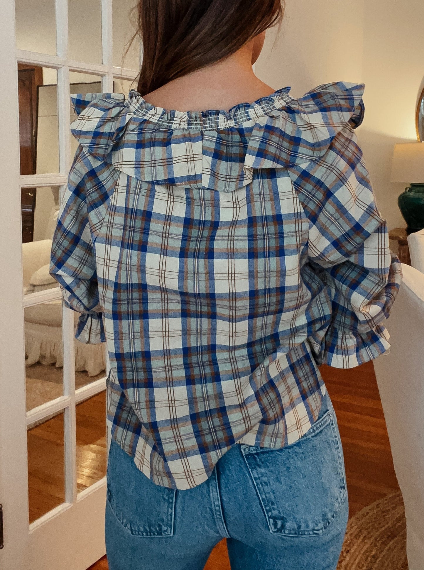 Coco Blue Check Ruffle Plaid Crop Top