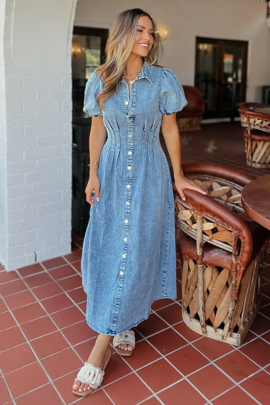 Megan Denim Puff Sleeve Midi Dress