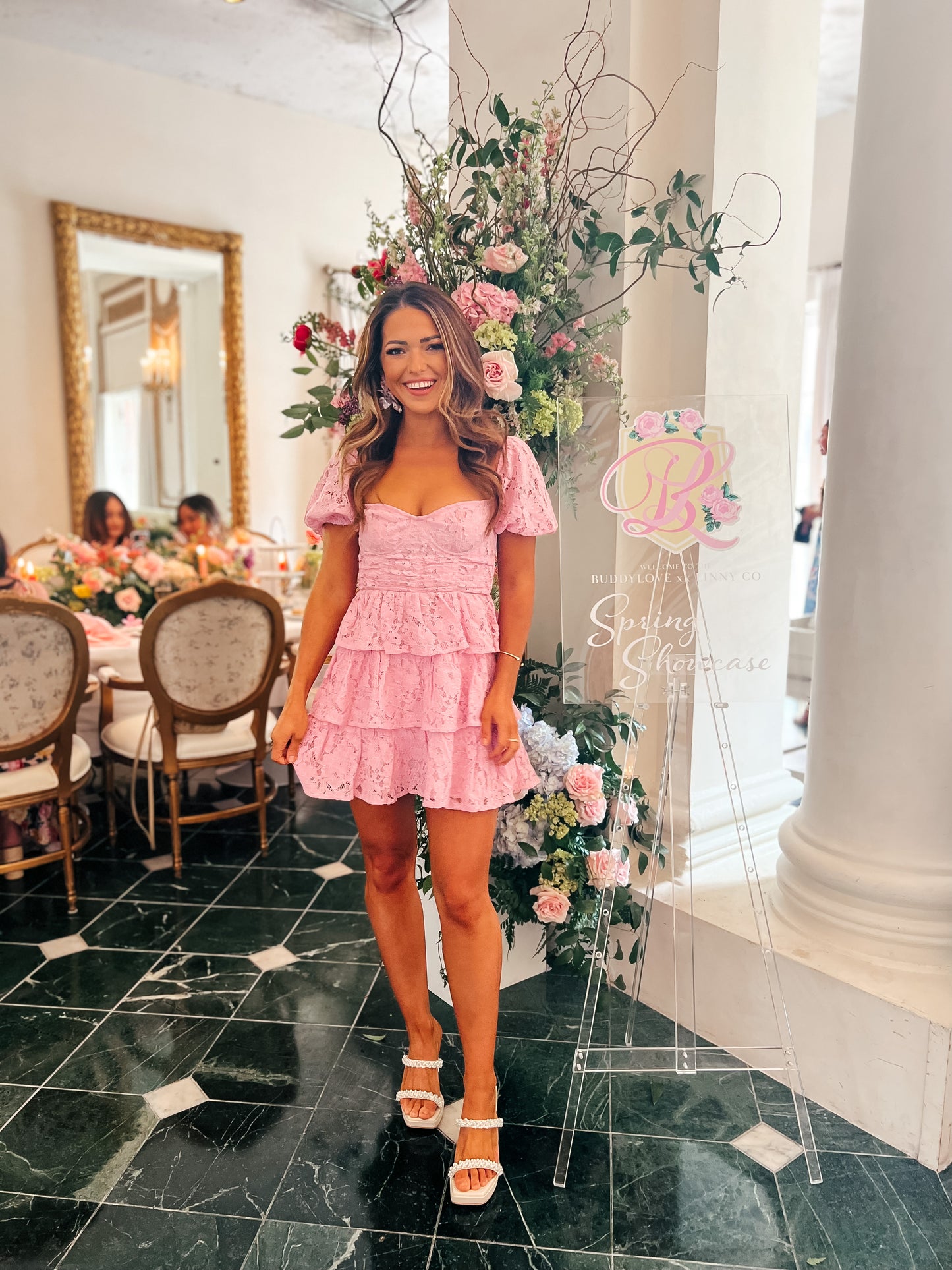 Kristin Pink Corset Tiered Lace Dress | BuddyLove