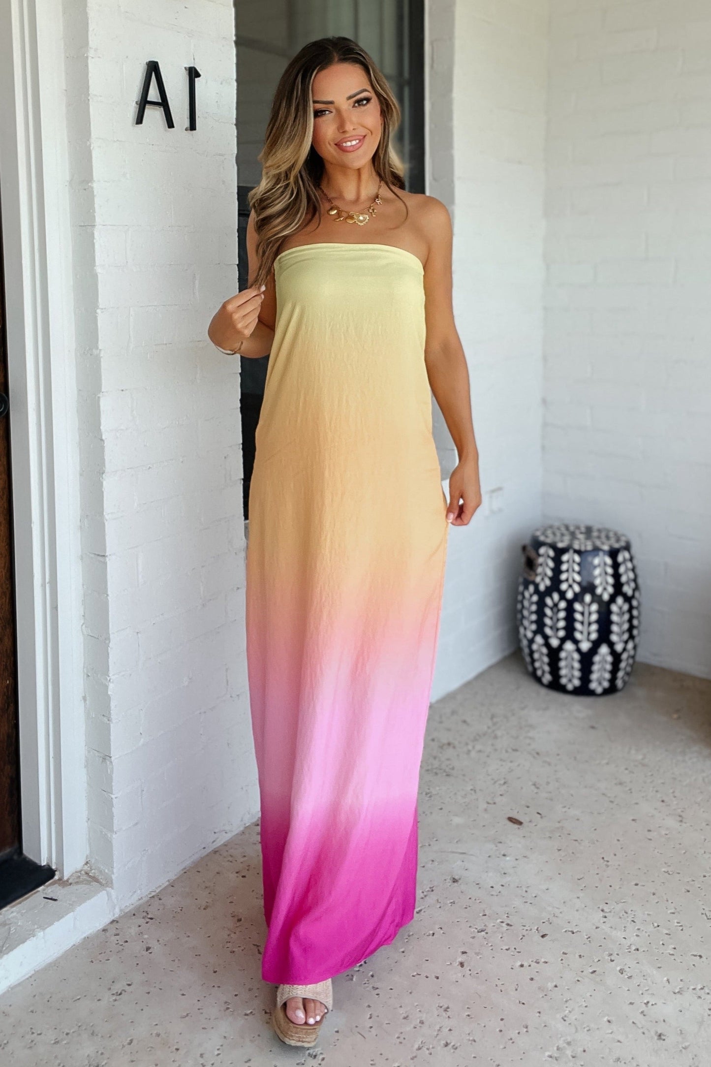 Sunrise in Santorini Strapless Maxi Dress