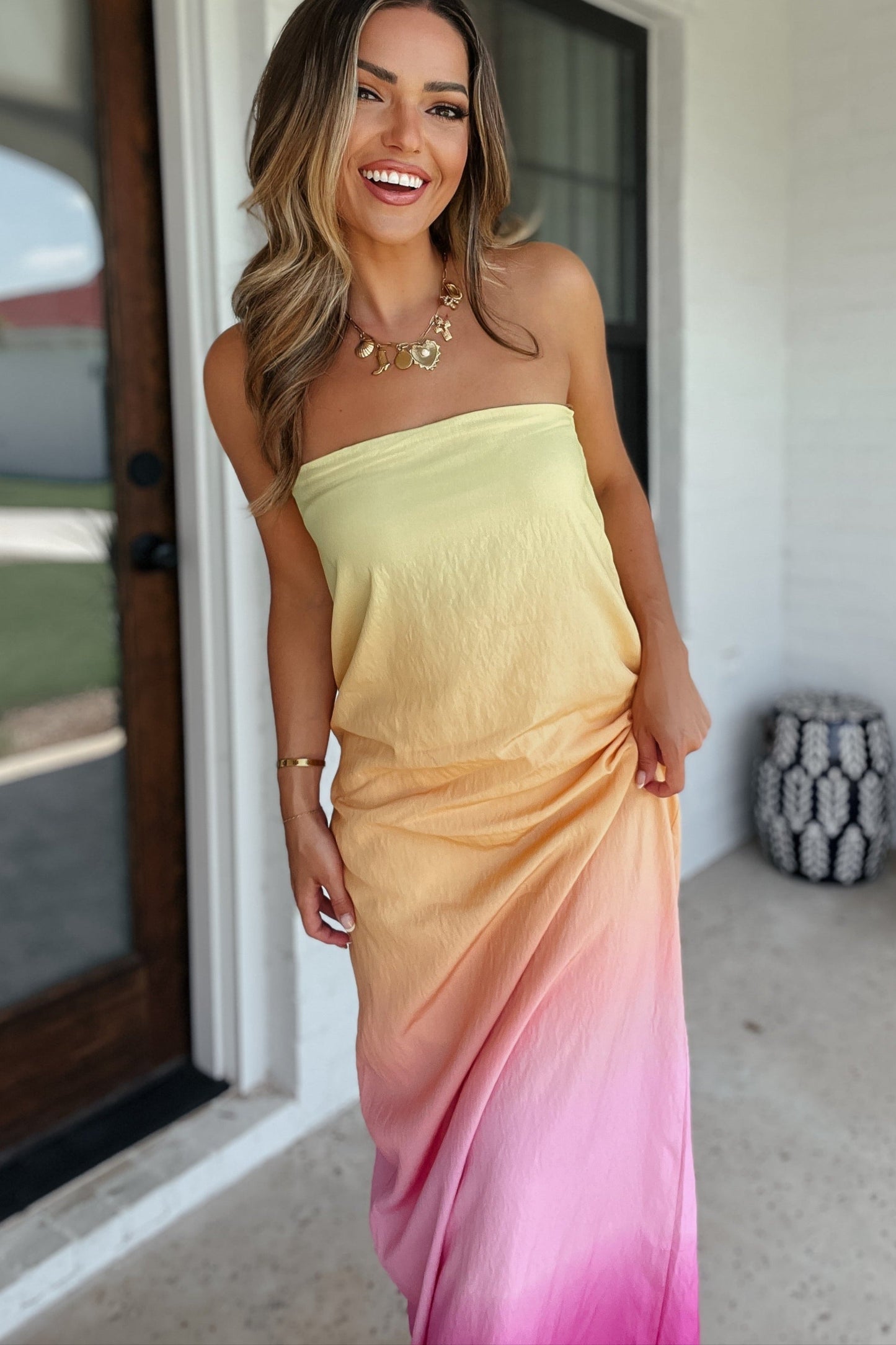 Sunrise in Santorini Strapless Maxi Dress