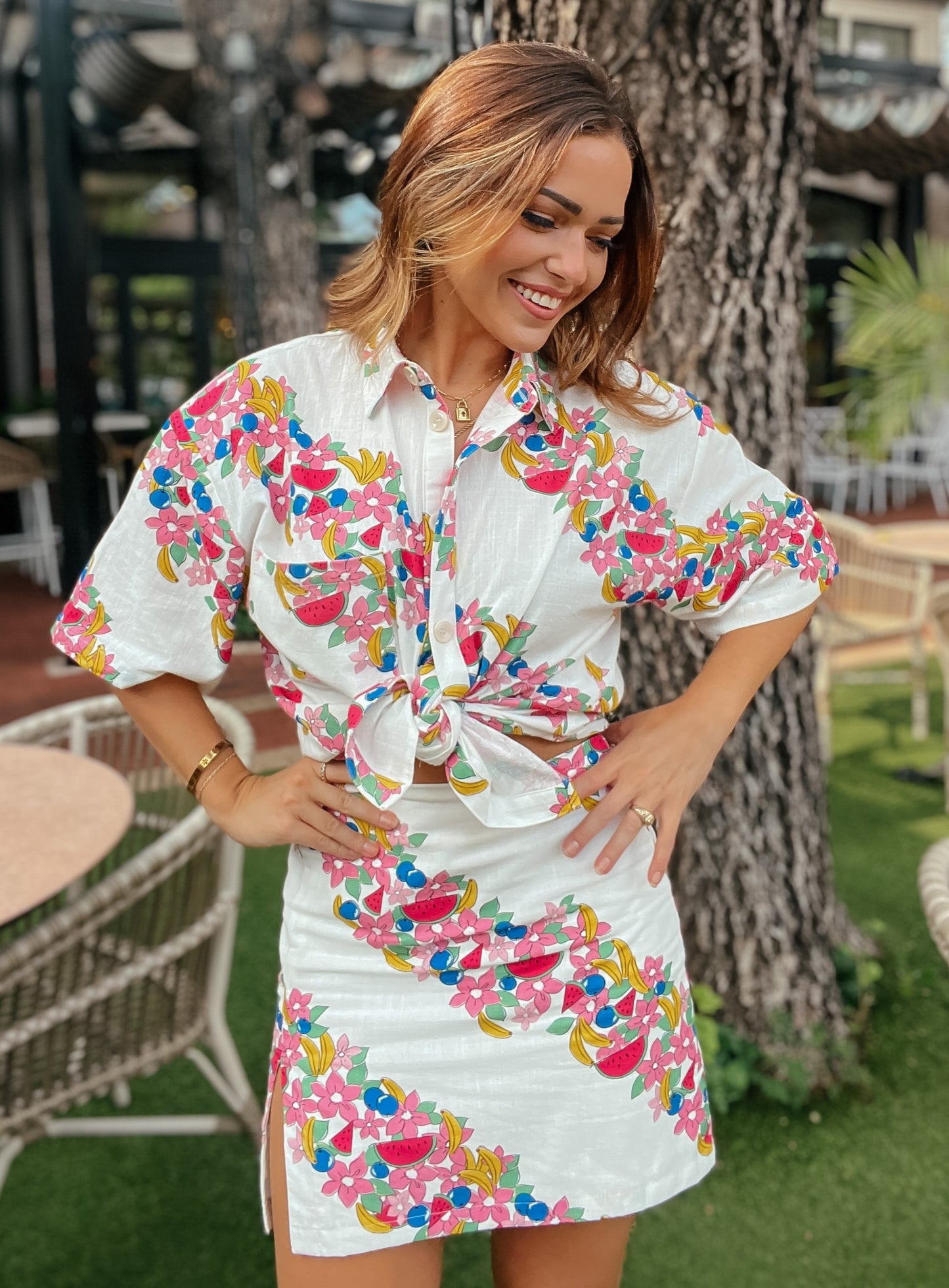 Mischa Summer Fruit Linen Button Up Top