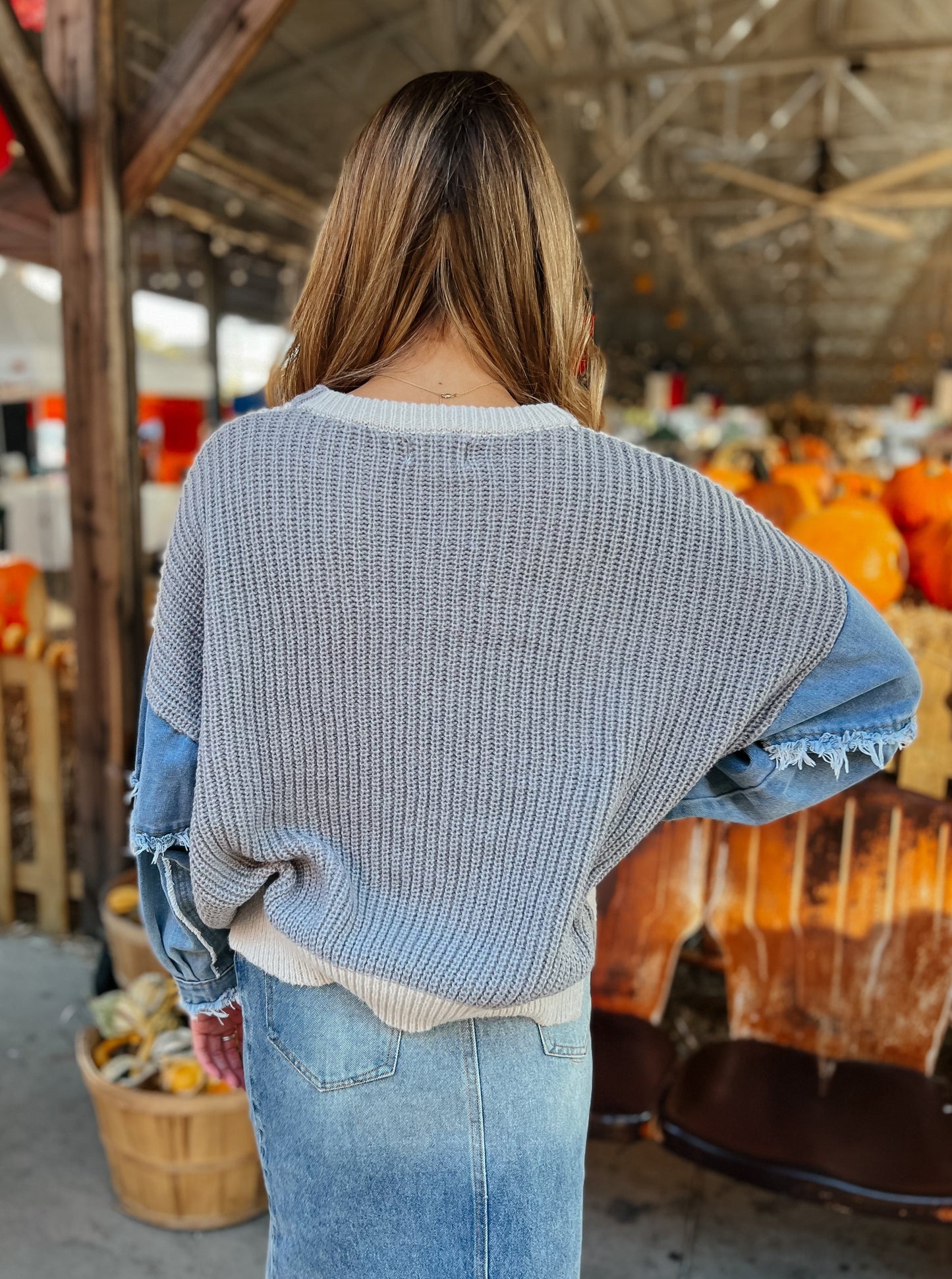 Tapanga Knit Grey Colorblock and Denim Sweater