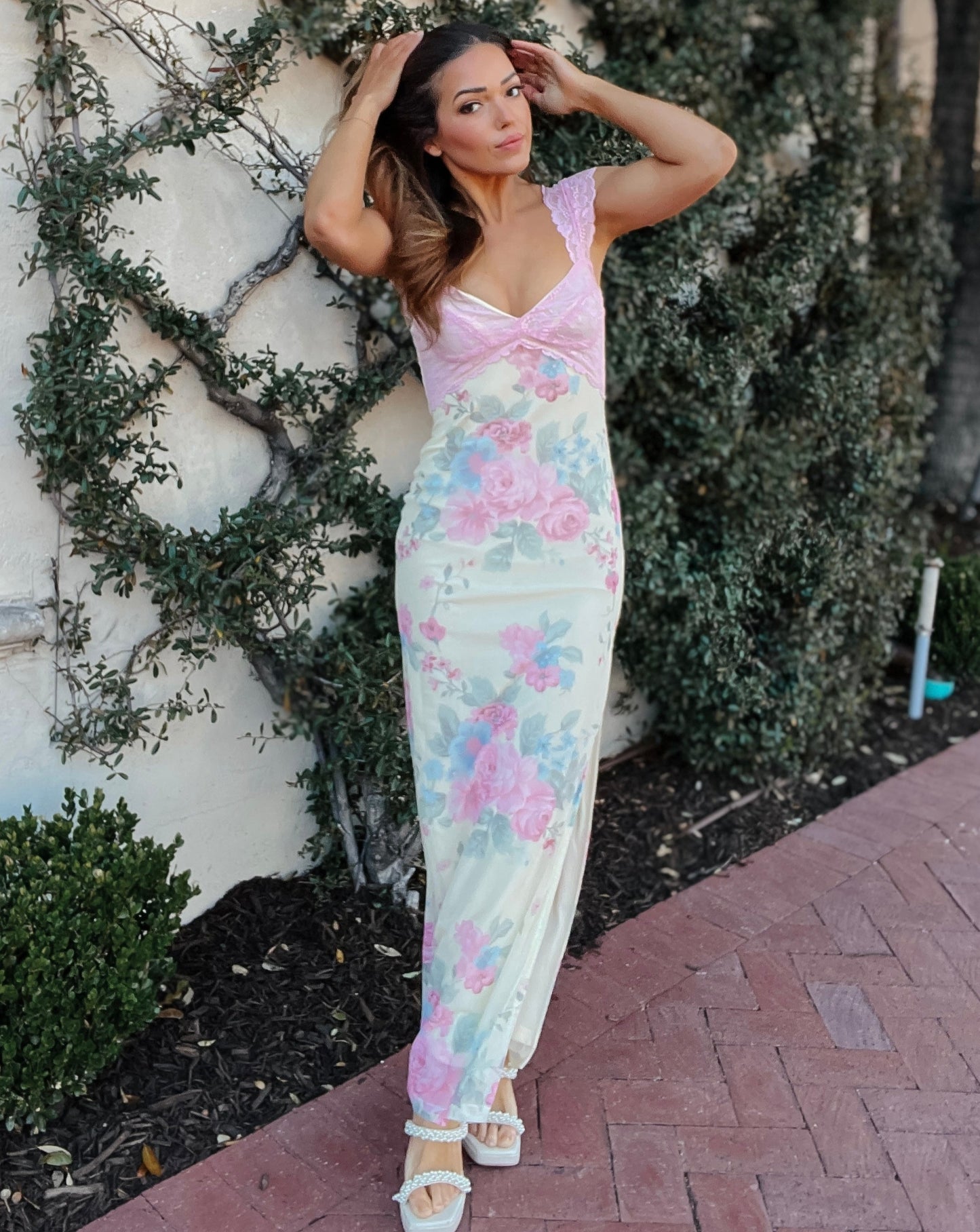 Serena Pastel Pink and Yellow Mesh Floral Lace Maxi Dress