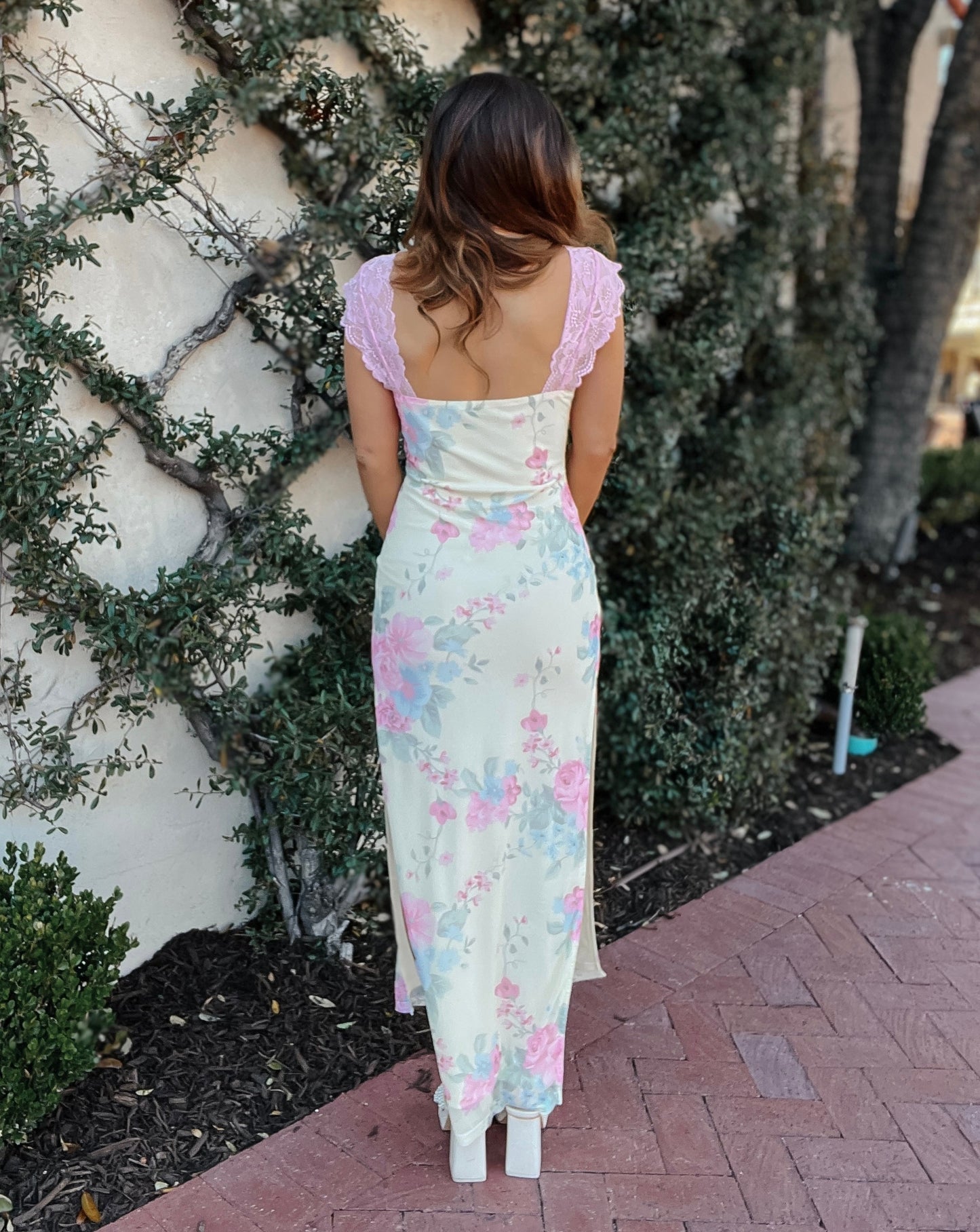 Serena Pastel Pink and Yellow Mesh Floral Lace Maxi Dress