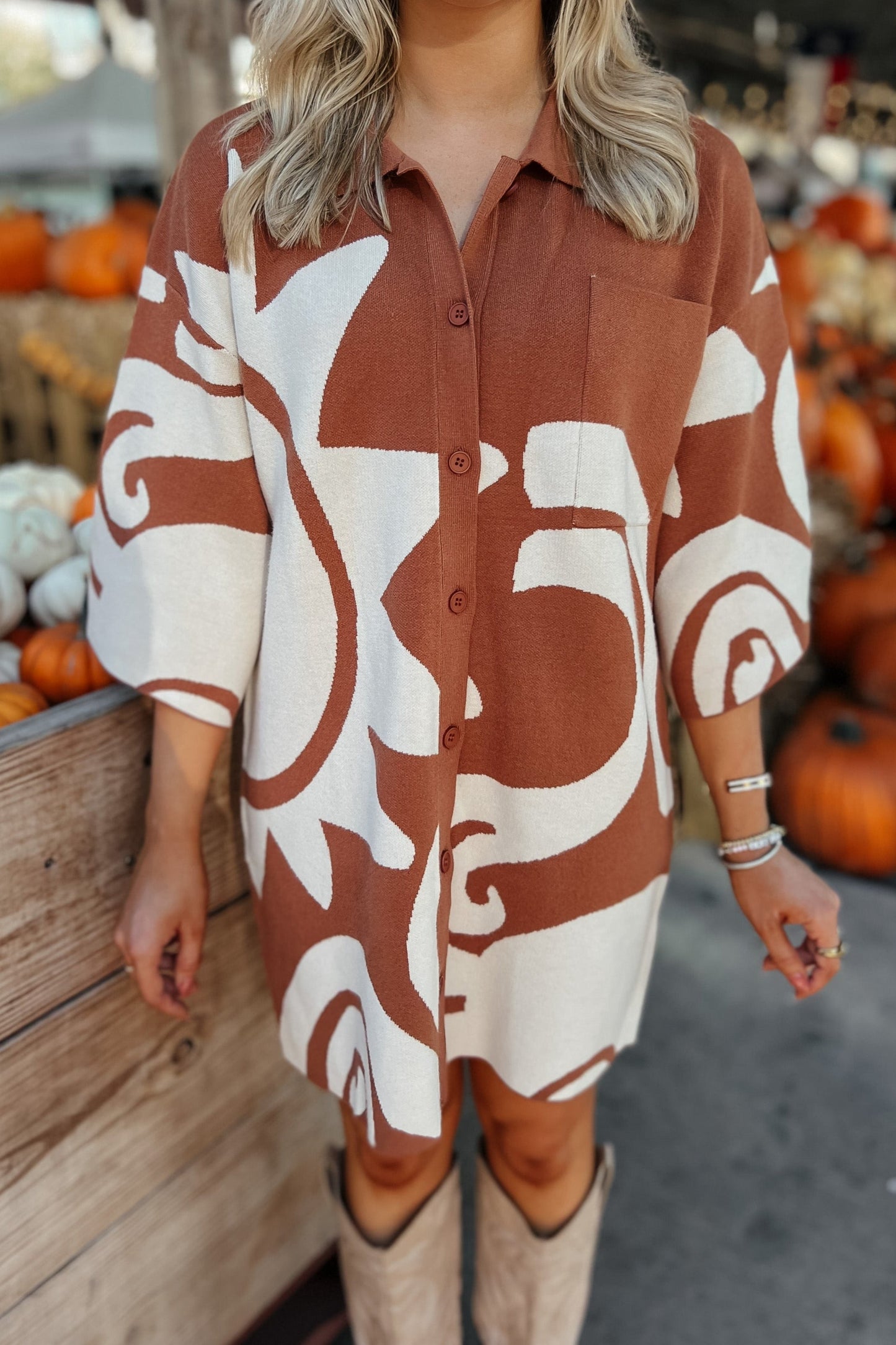 Camila Rust Sweater Button-Down Collar Dress