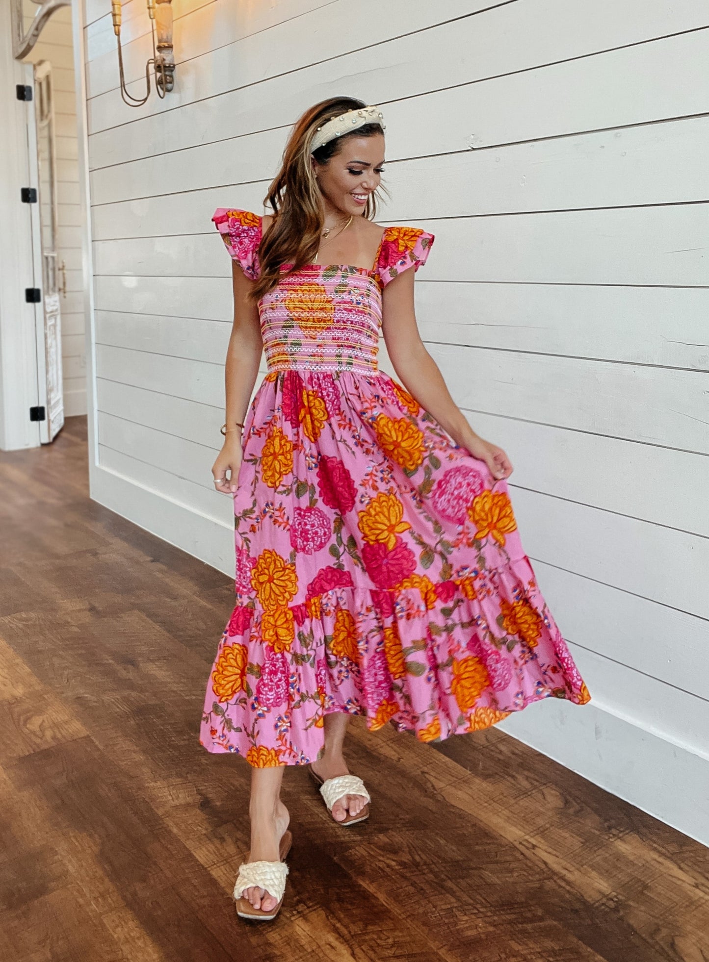 Claire Smocked Floral Pink Midi Dress