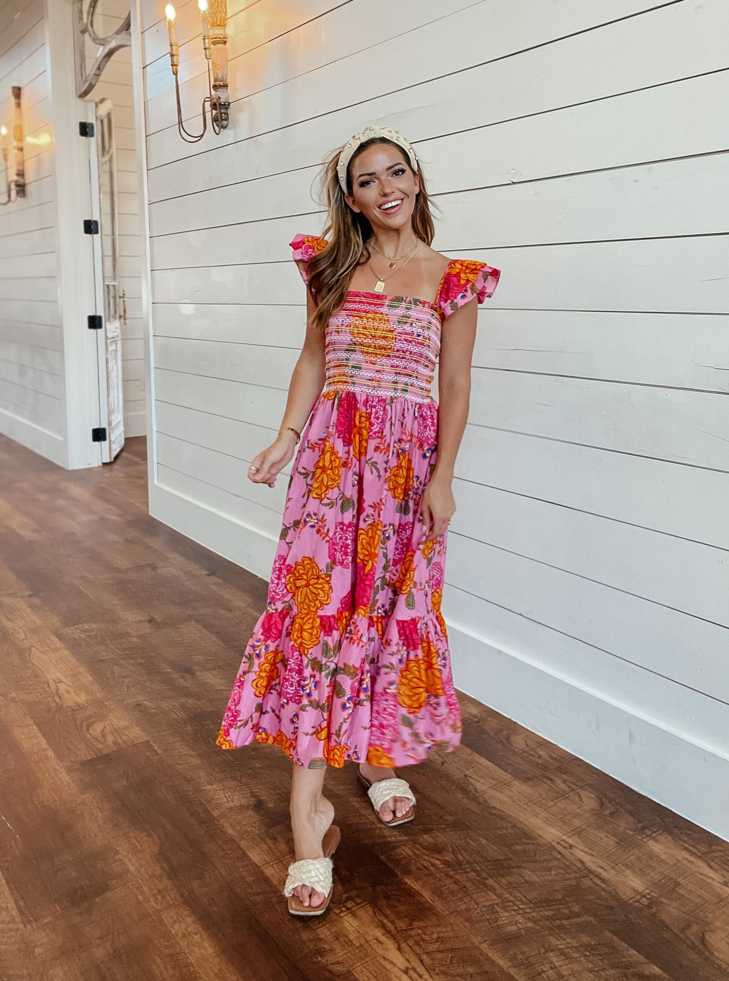 Claire Smocked Floral Pink Midi Dress