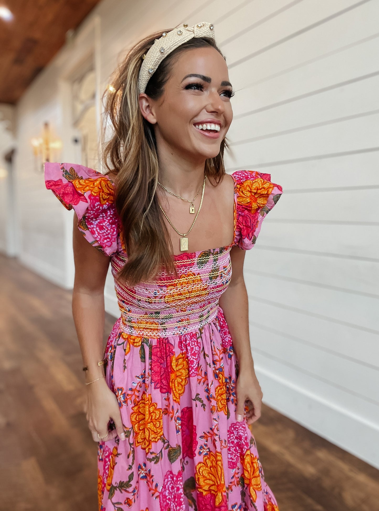 Claire Smocked Floral Pink Midi Dress