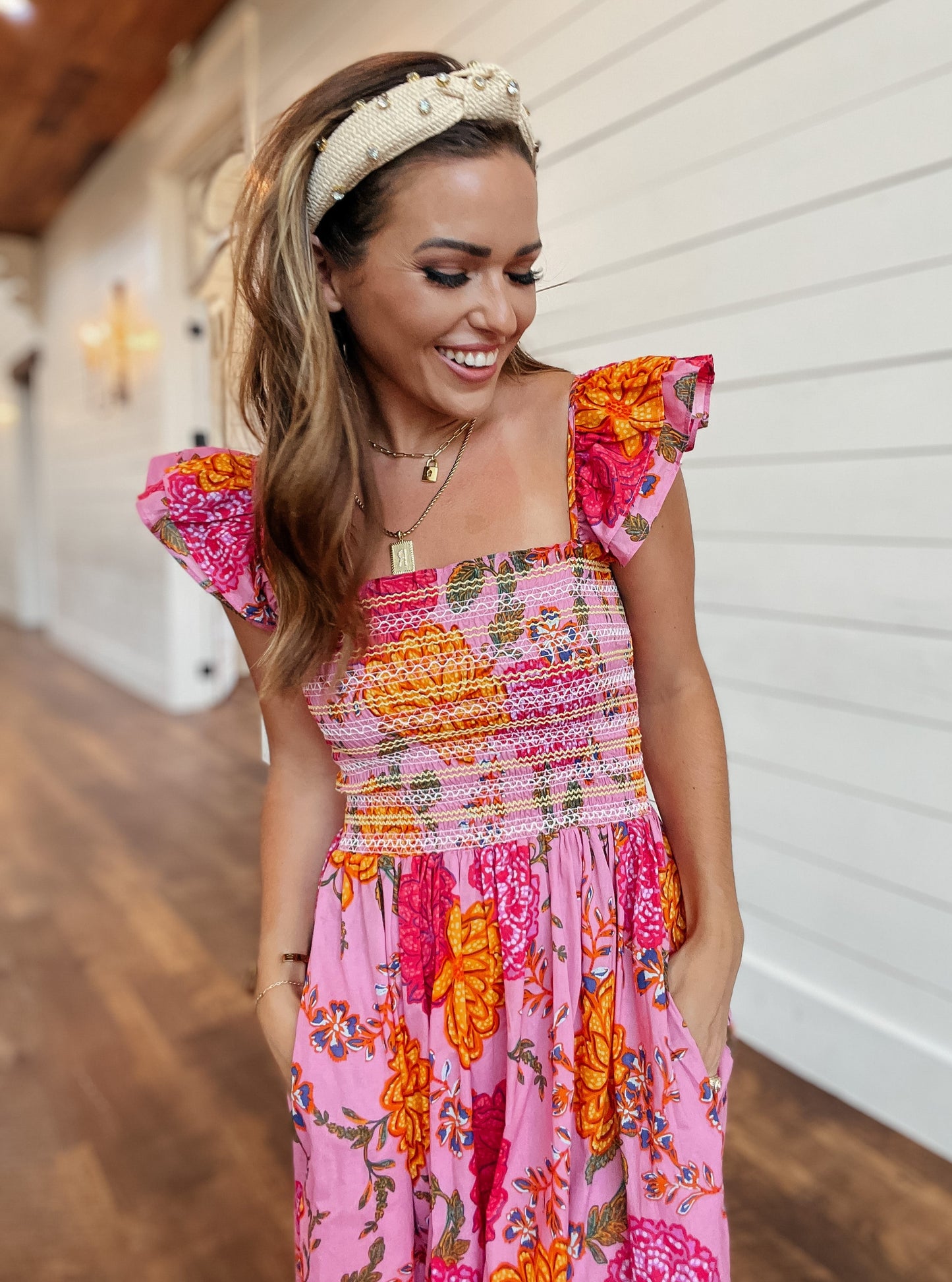 Claire Smocked Floral Pink Midi Dress