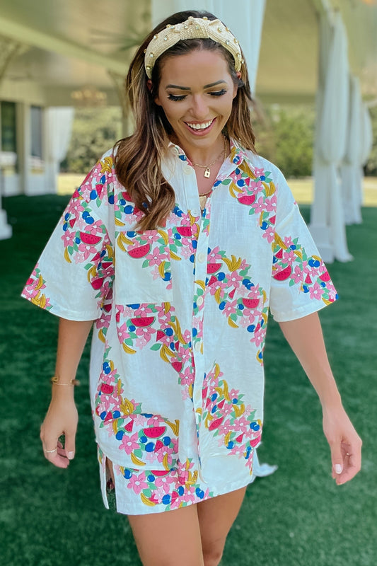 Mischa Summer Fruit Linen Button Up Top