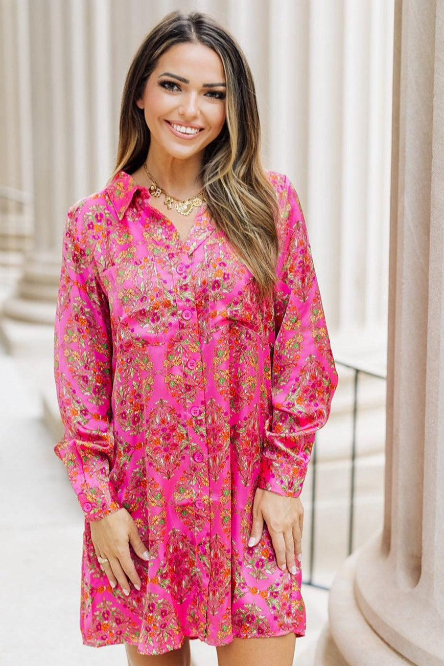 Raelynn Satin Pink Floral Button Down Dress