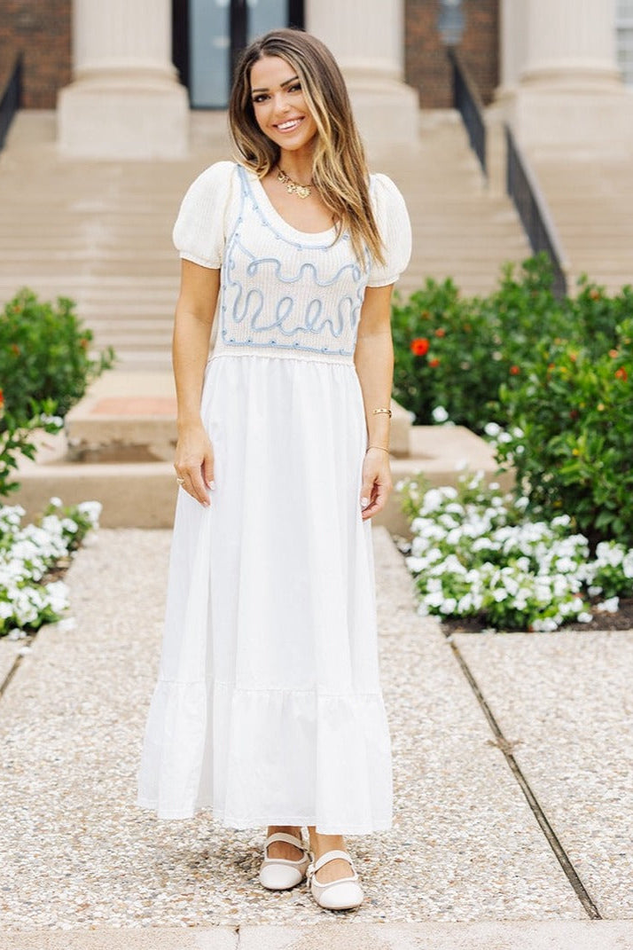 Rayney Cream and Baby Blue Knit Puff Sleeve Maxi Dress