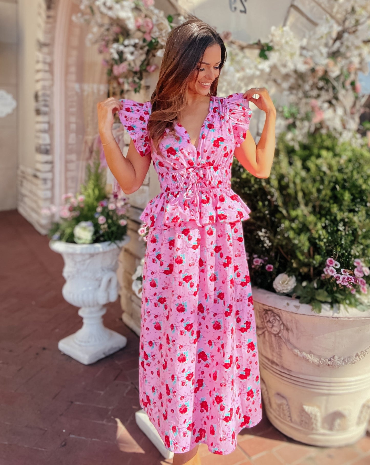 Skylar Pink and Red Floral Smocked Bow Tie Midi Dress