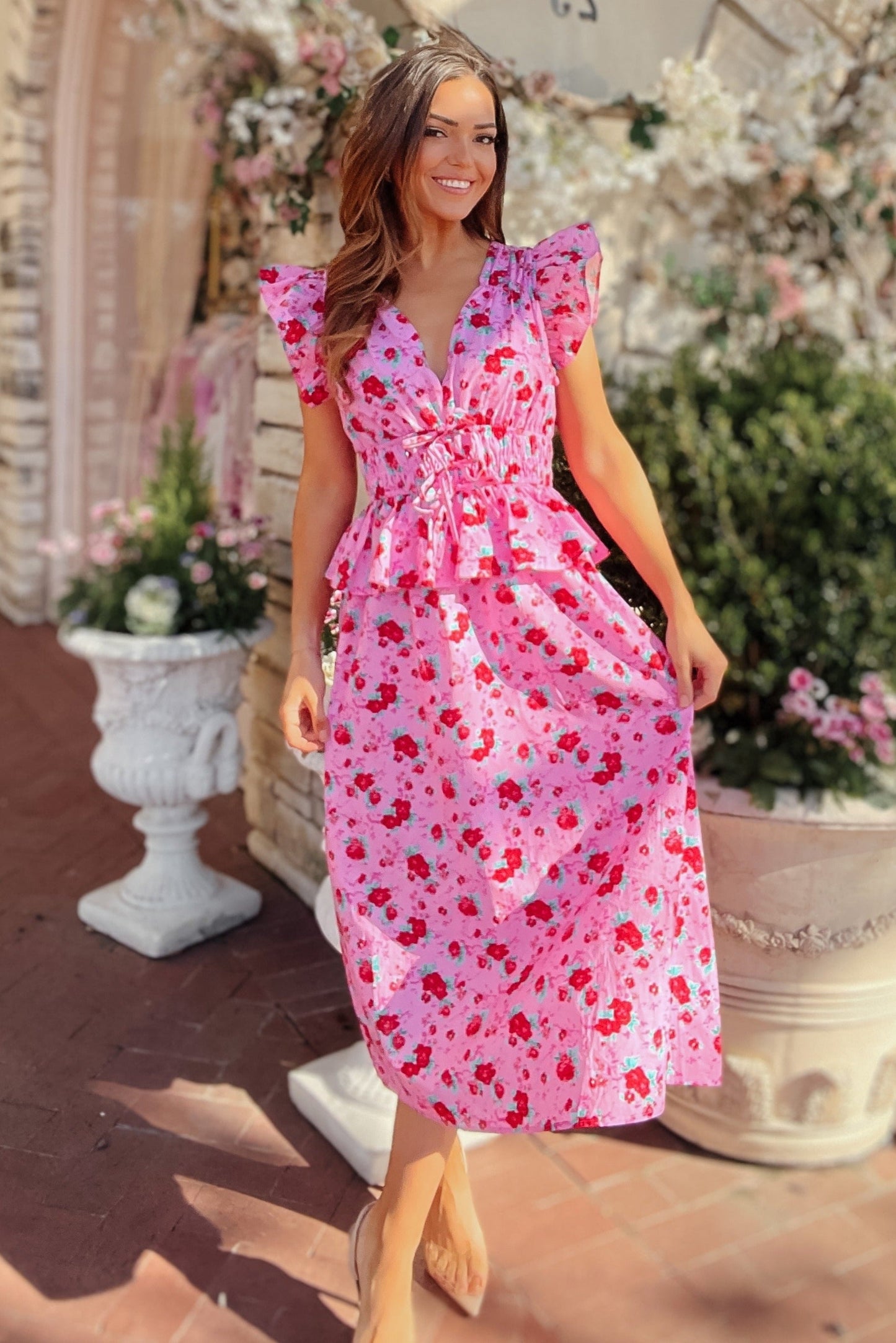 Skylar Pink and Red Floral Smocked Bow Tie Midi Dress
