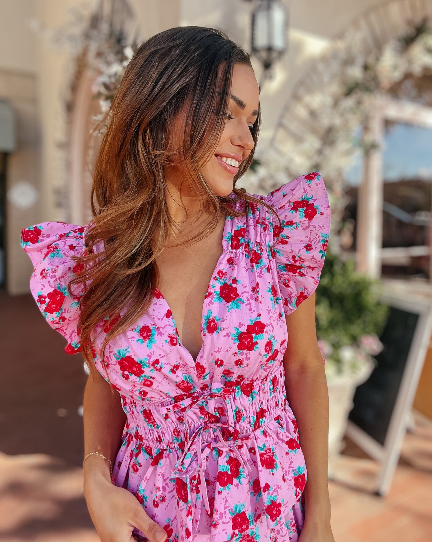 Skylar Pink and Red Floral Smocked Bow Tie Midi Dress