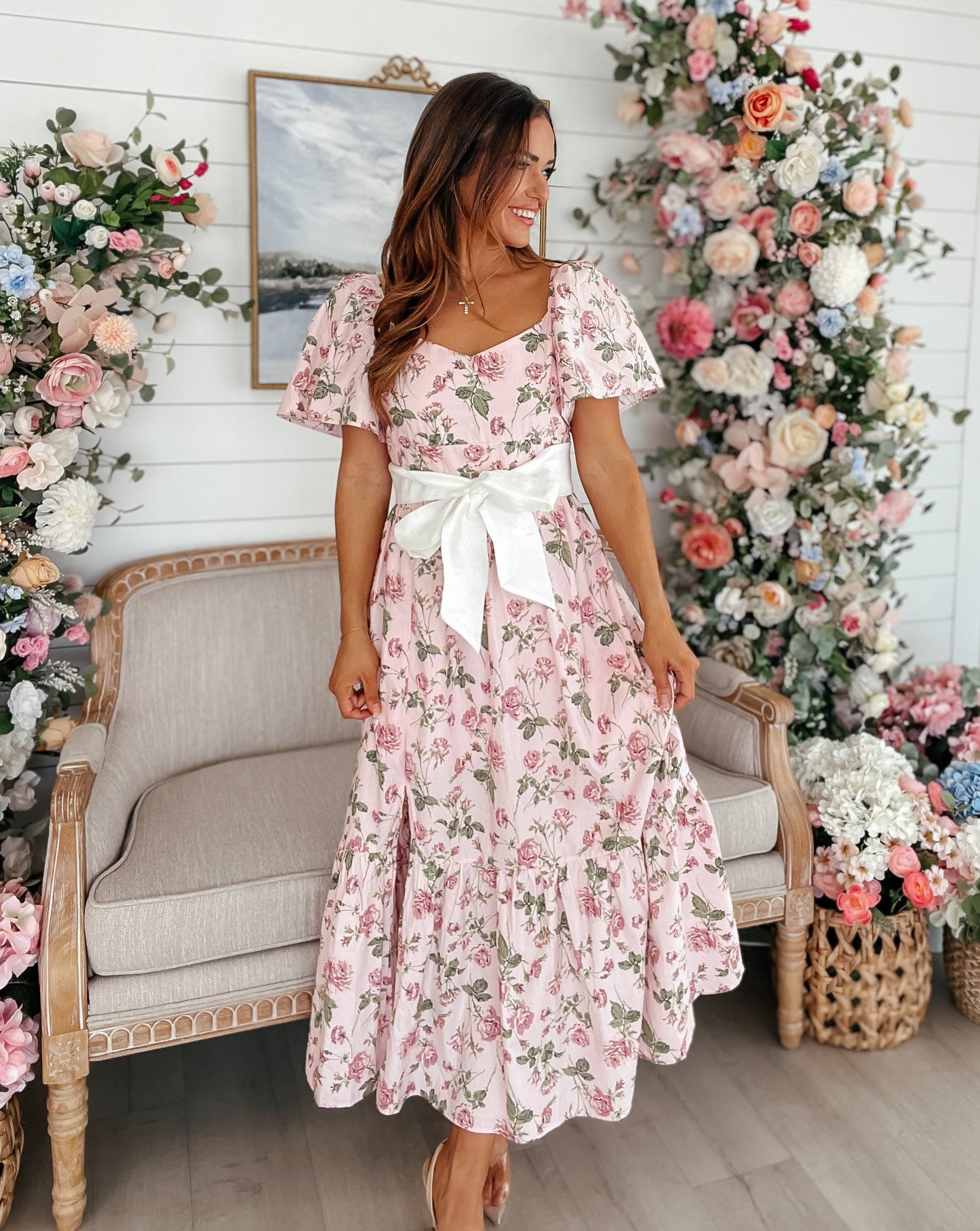 Kate Pink Floral Bow Detail Midi Dress