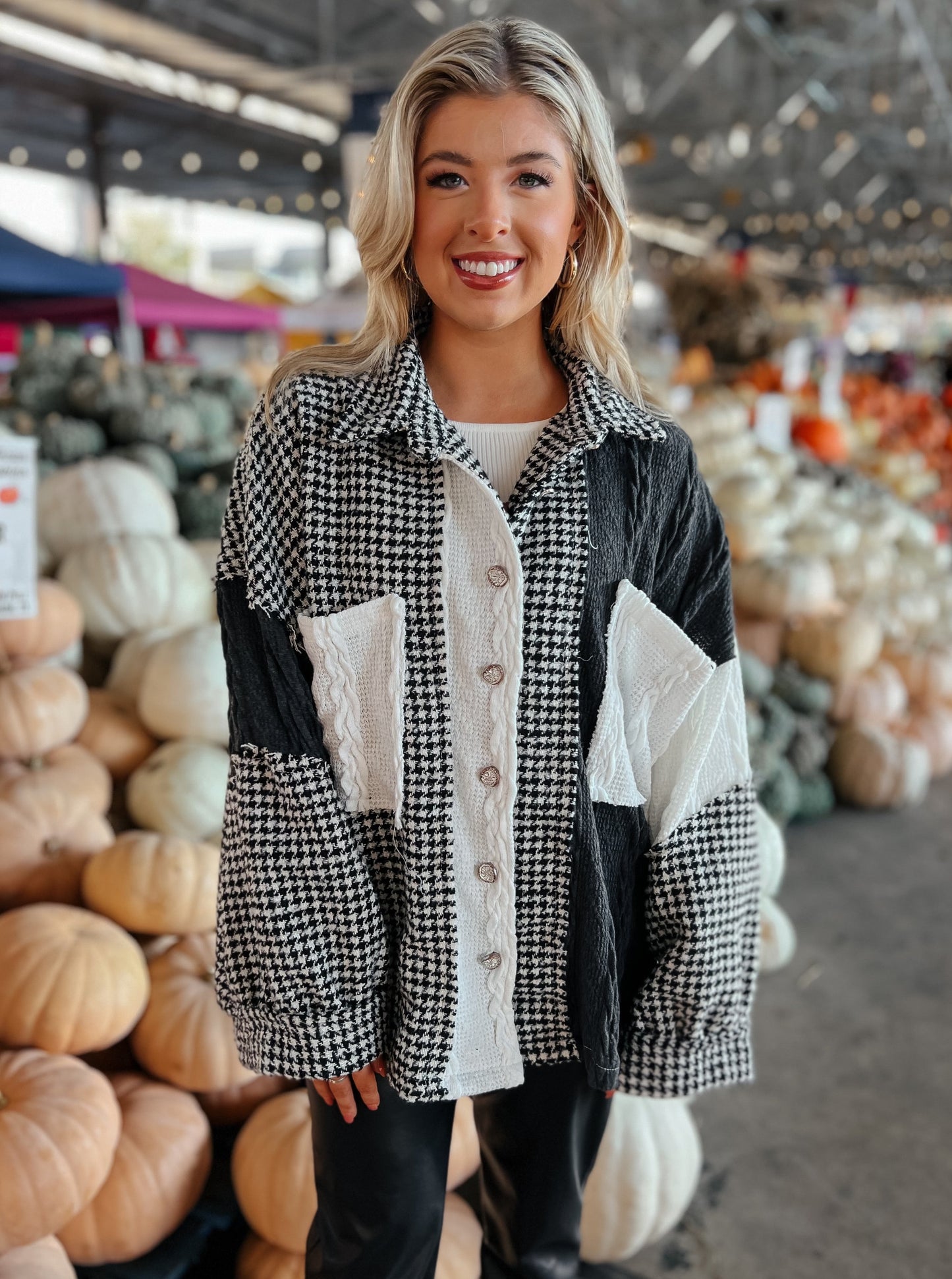 Janie Black + White Houndstooth Patchwork Shacket