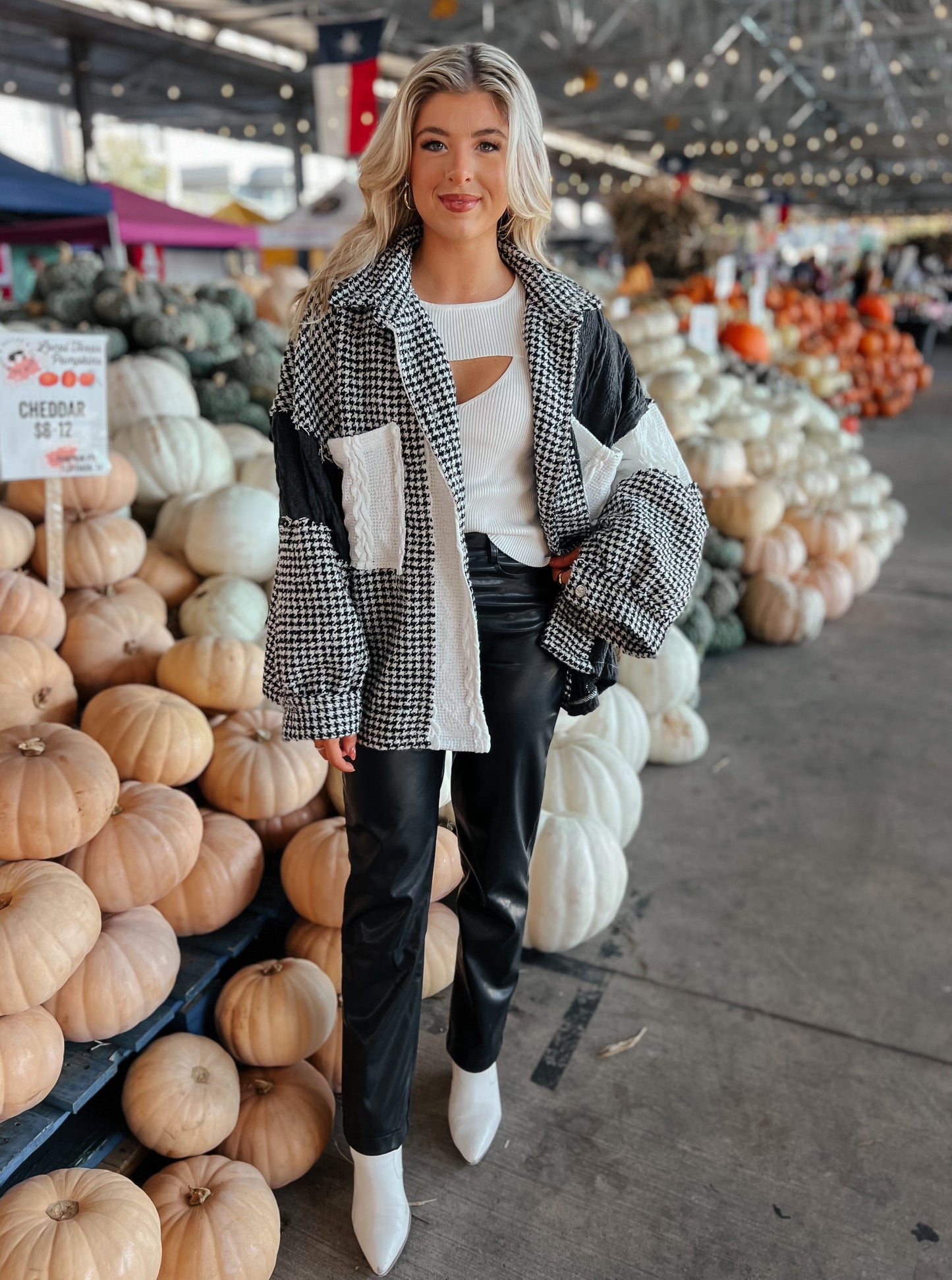 Janie Black + White Houndstooth Patchwork Shacket