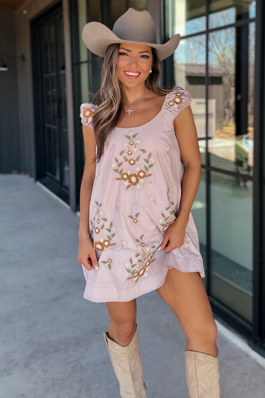 Ramsey Purple Mauve Floral Embroidered Cap Sleeve Dress