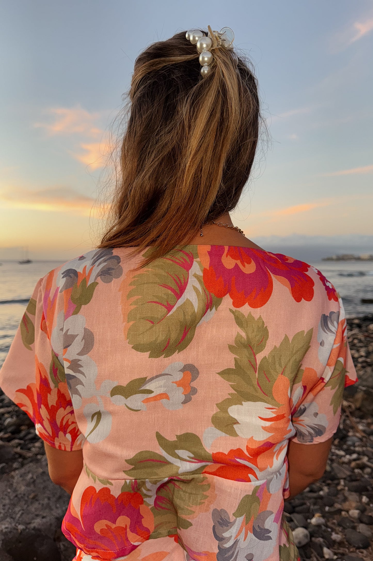 Hawaiian Floral Pink and Coral Maxi Skirt and Tie Top Set