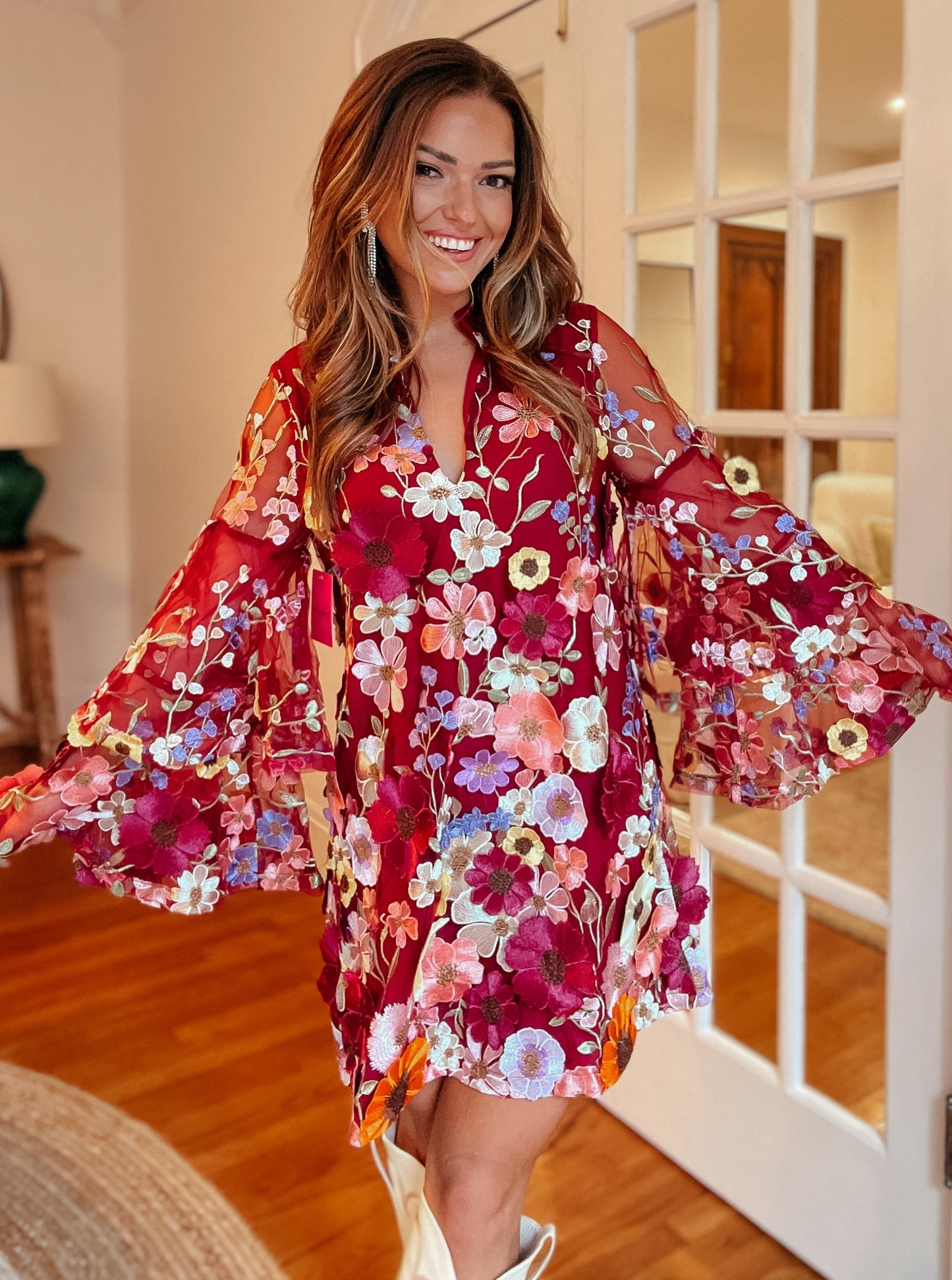 Gayle Long Sleeve Floral Appliqué Dress
