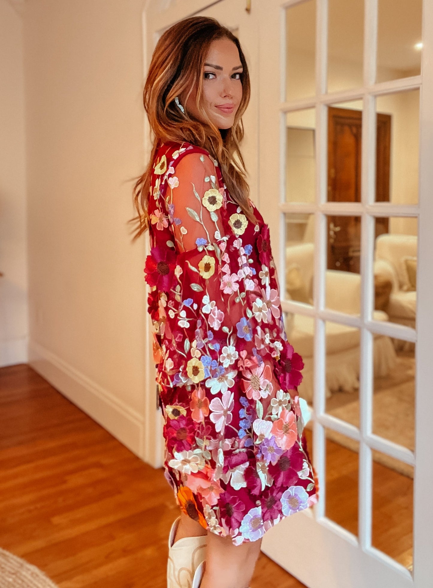 Gayle Long Sleeve Floral Appliqué Dress