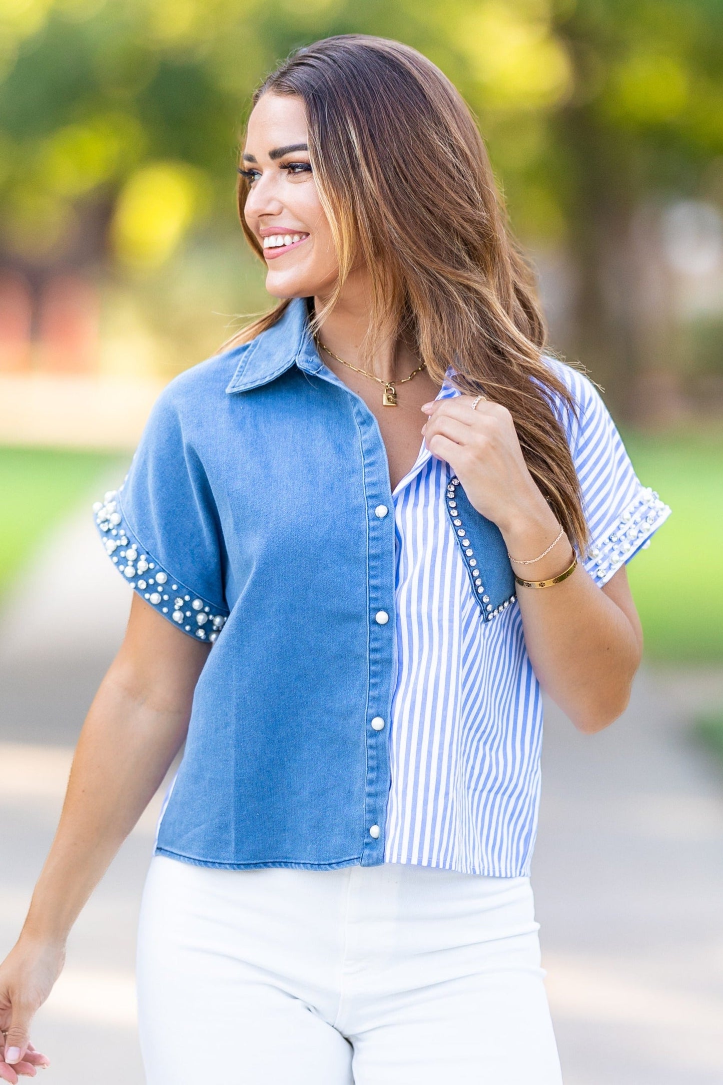 Riley Denim Patchwork Button-Down Top