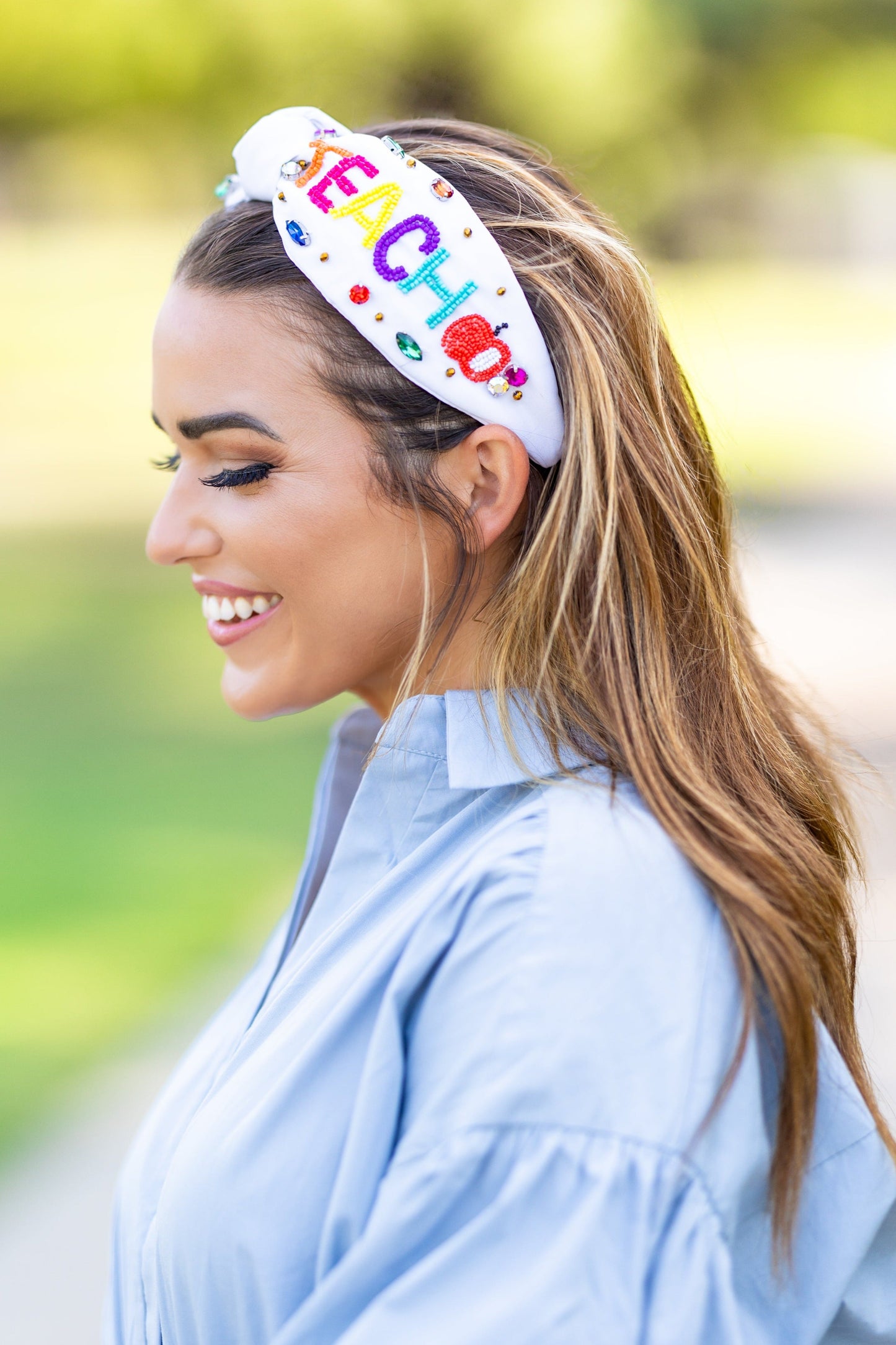 "TEACH" Beaded White Headband