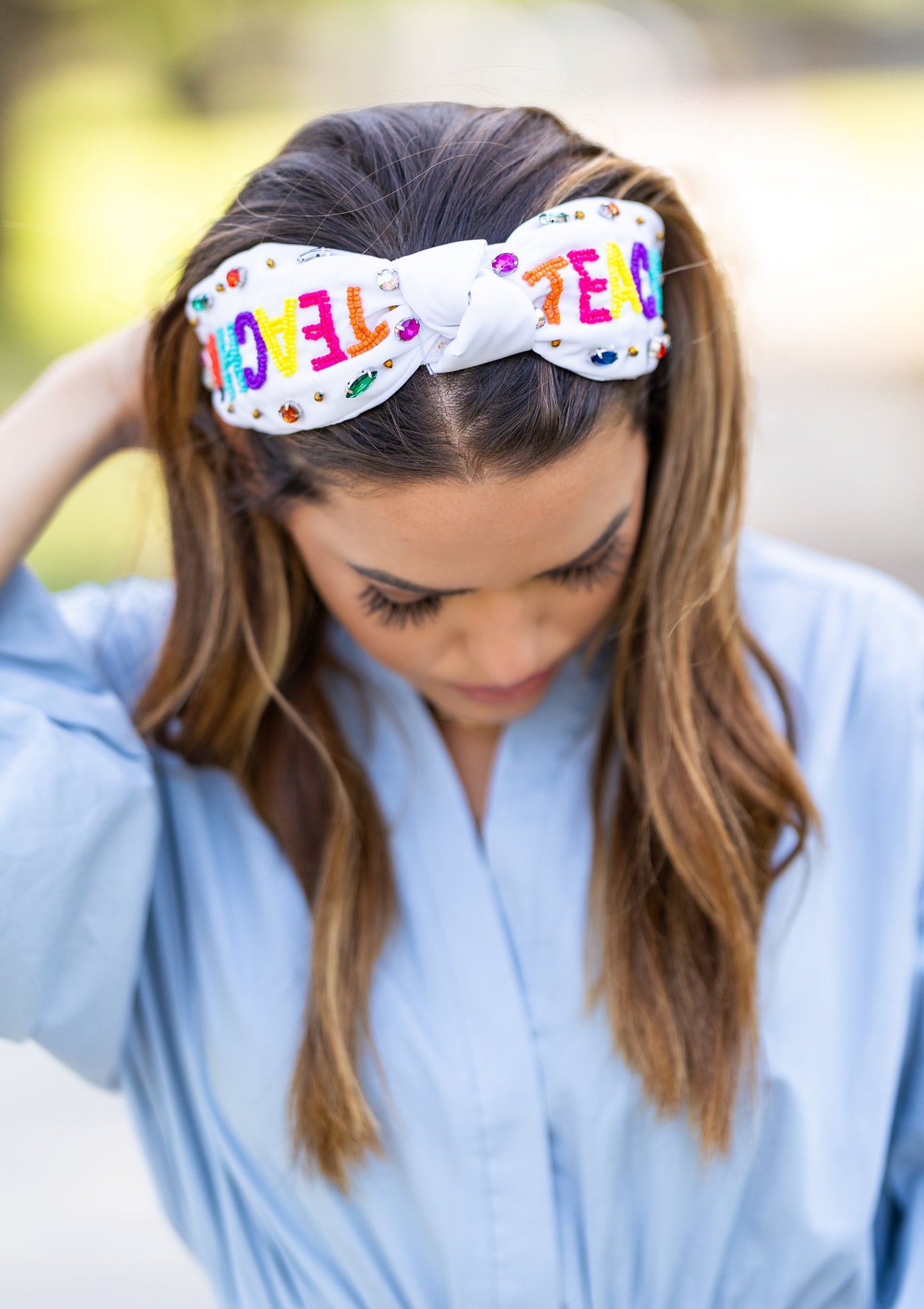 "TEACH" Beaded White Headband