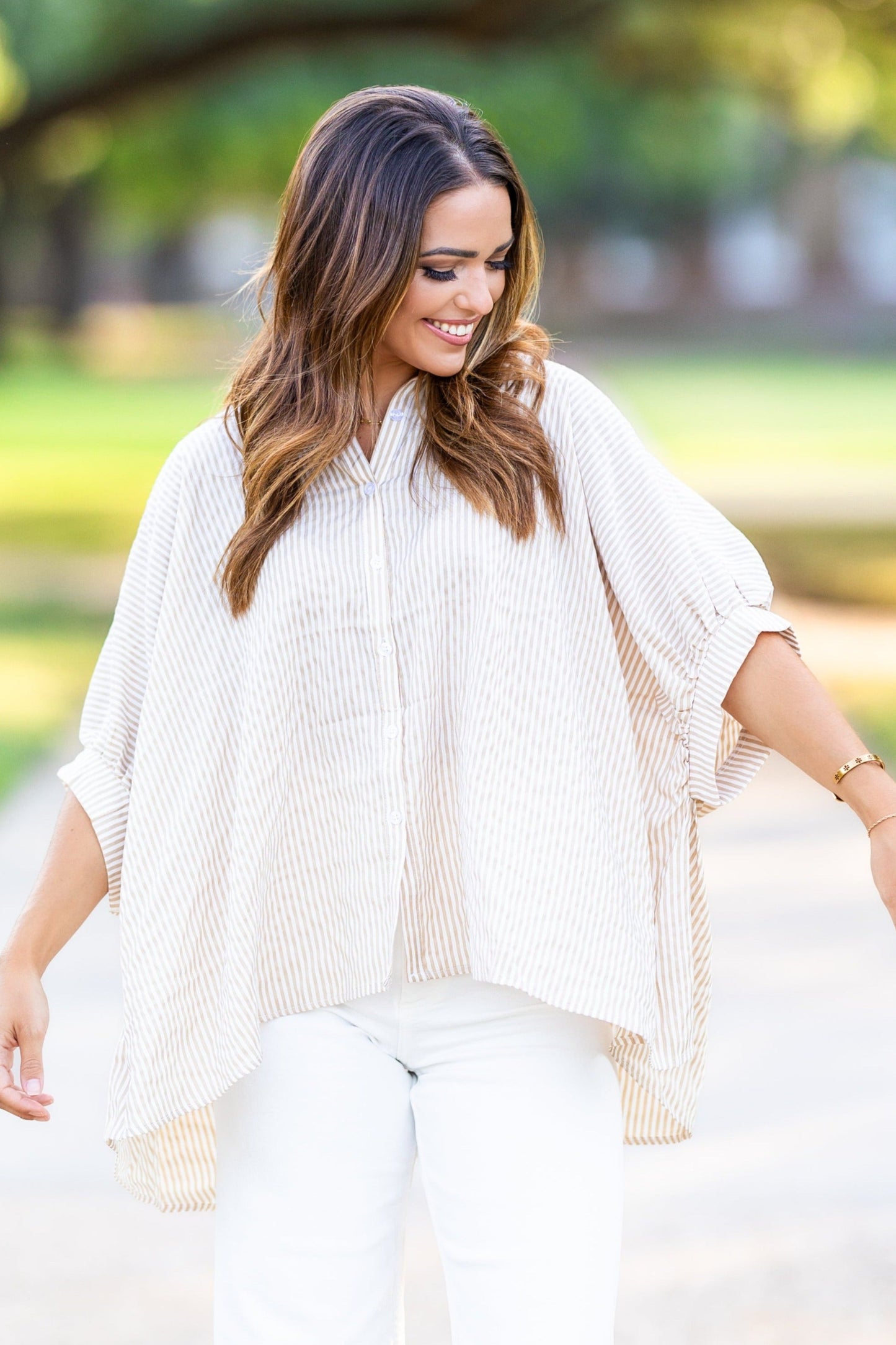 Jen Taupe Striped Button-Down Top