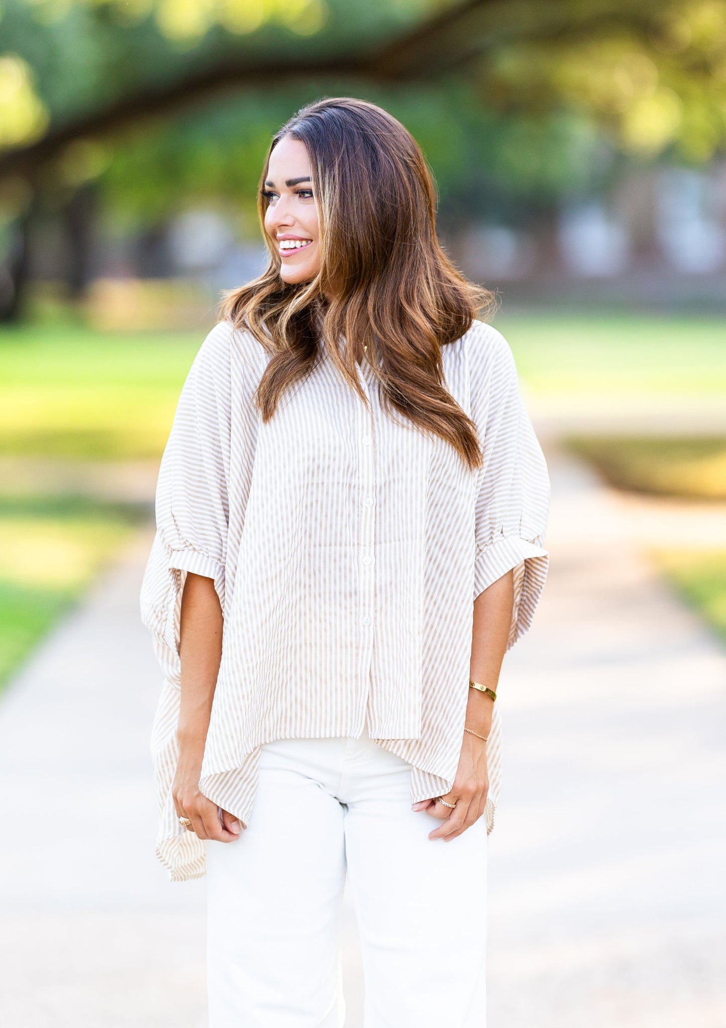 Jen Taupe Striped Button-Down Top